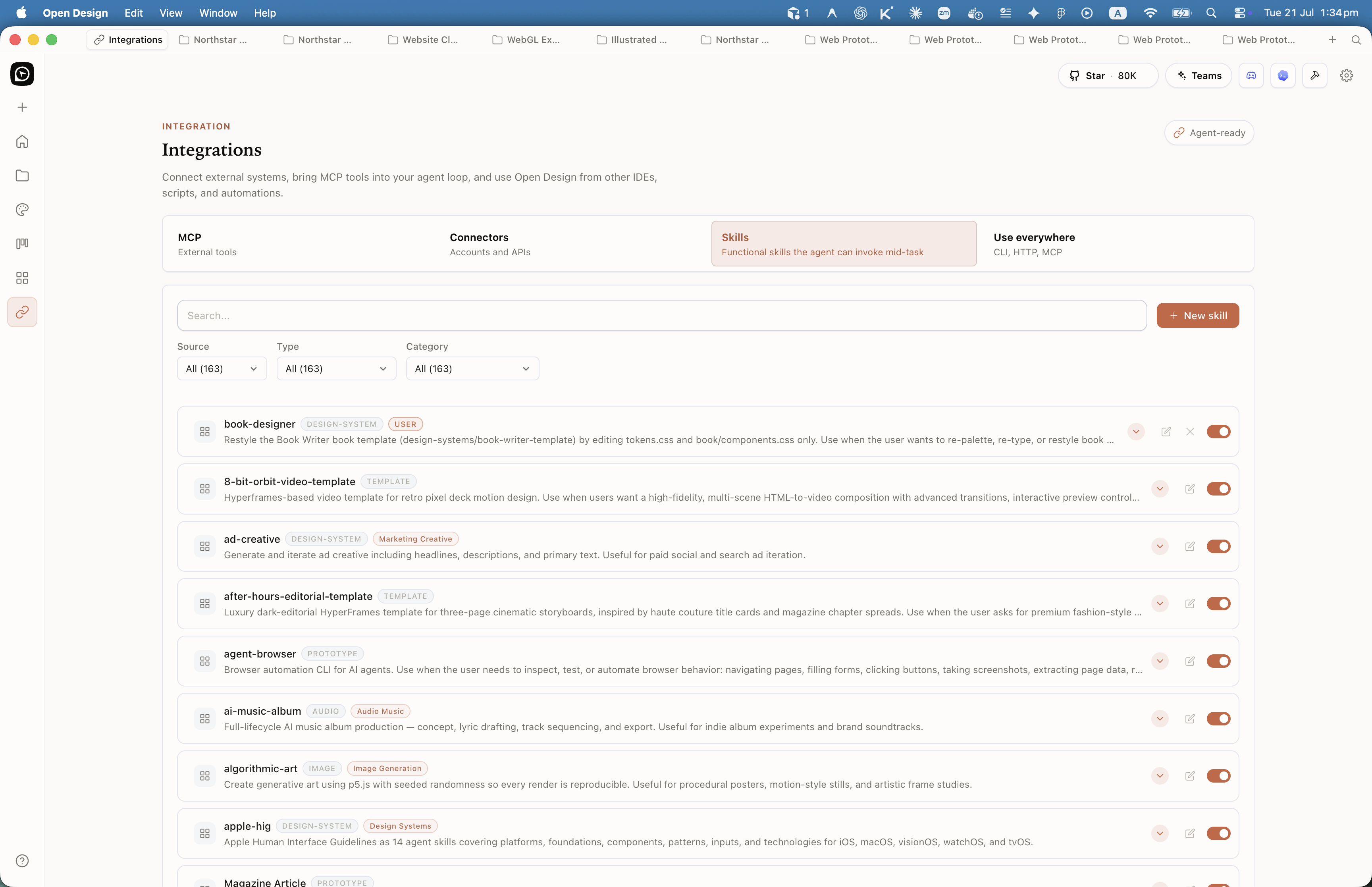 Open Design Integrations Skills tab showing installed skill recipes and invocation controls