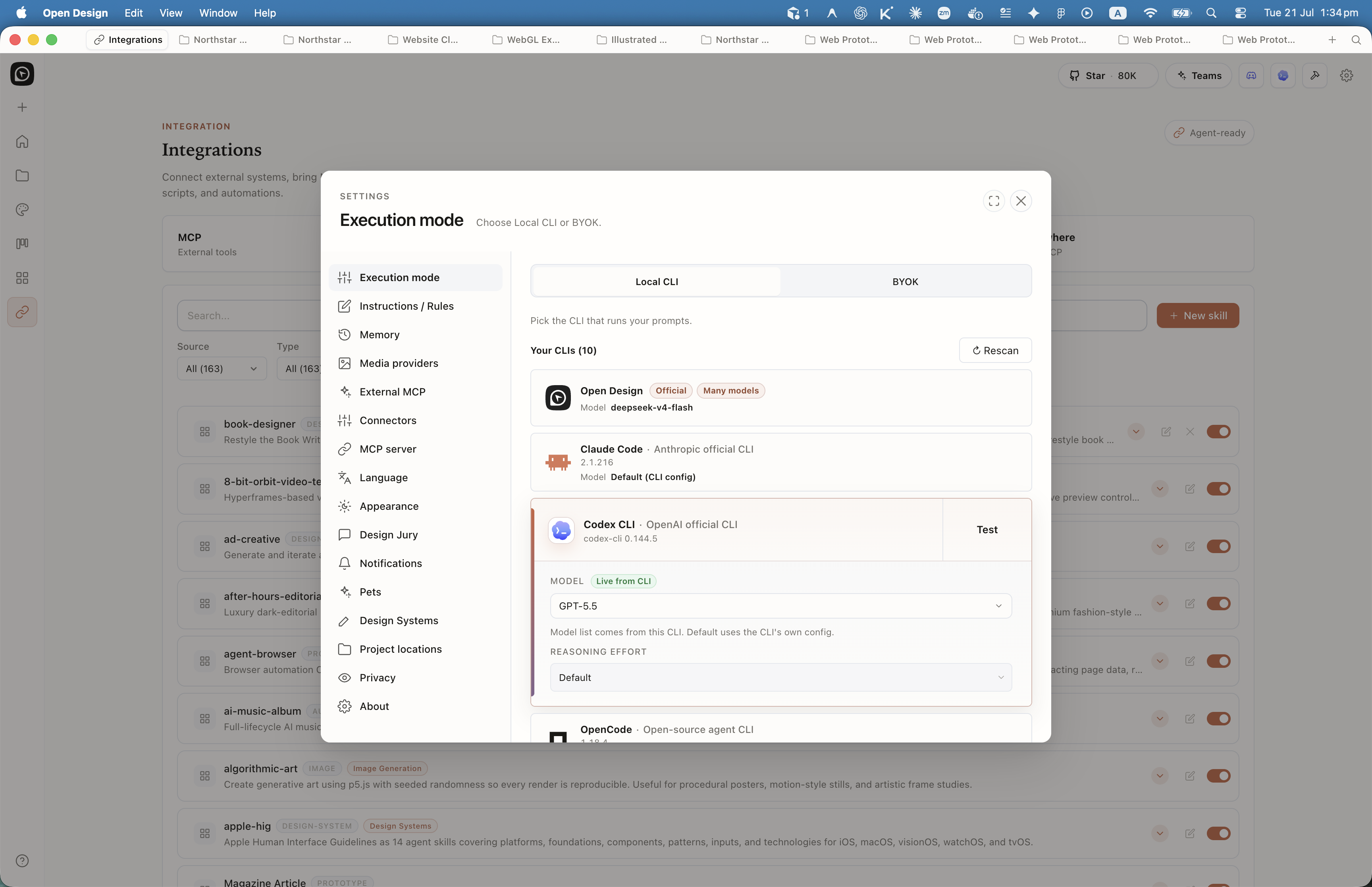 Open Design Settings Execution mode panel with Local CLI and BYOK tabs