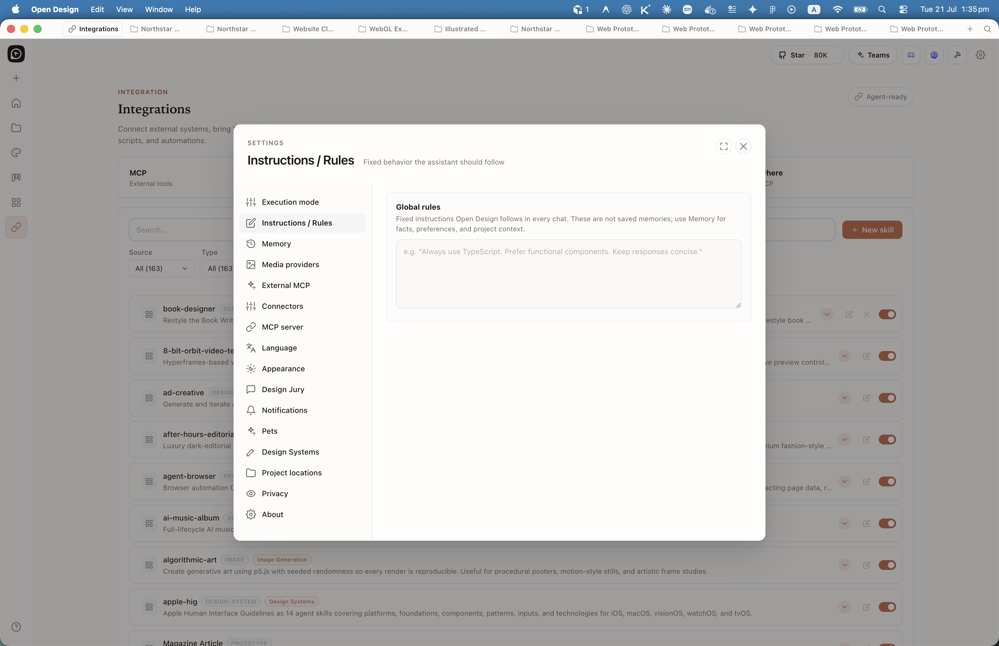 Open Design Settings Instructions / Rules panel for global chat rules