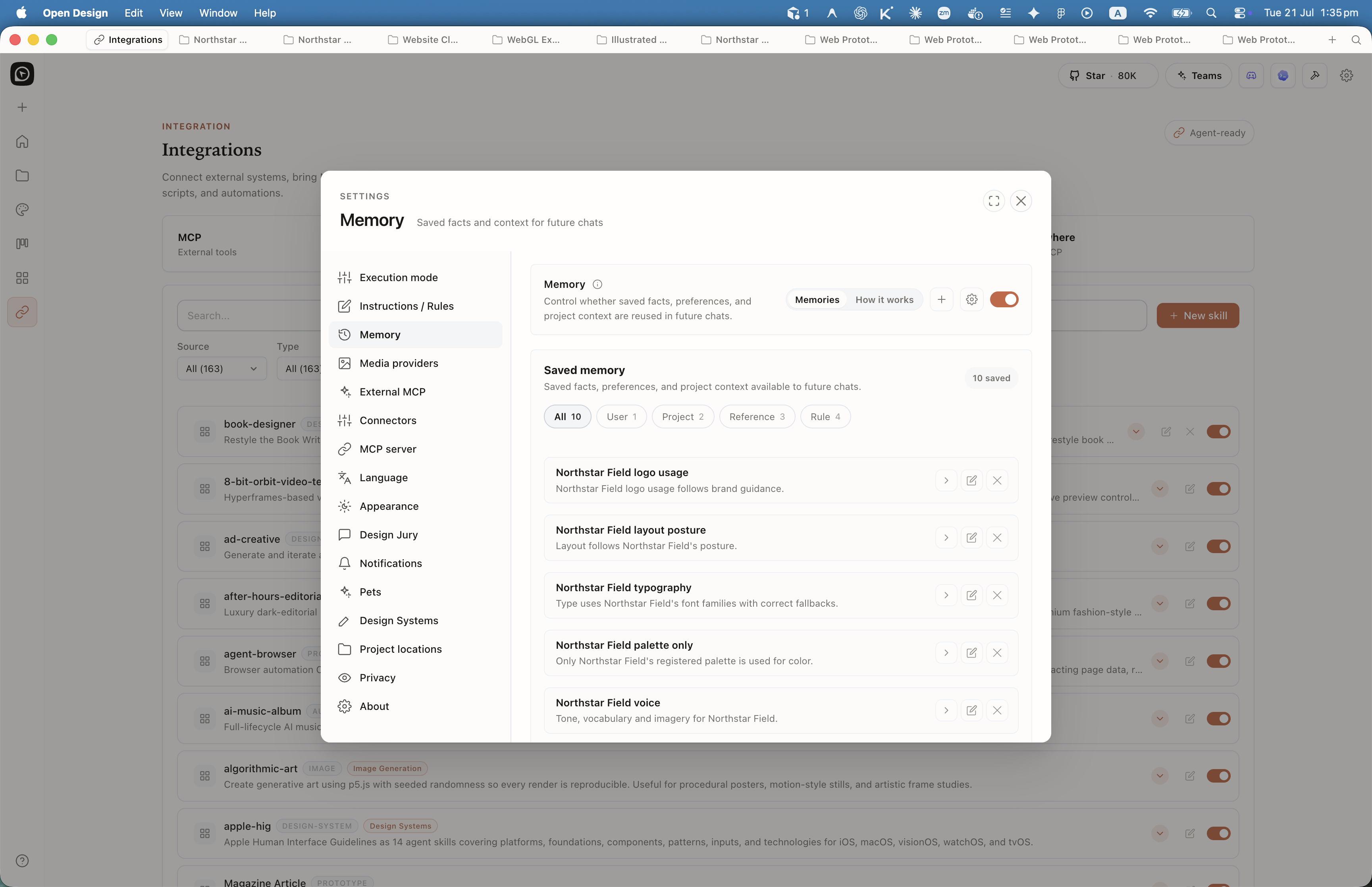 Open Design Settings Memory panel with categorised saved facts