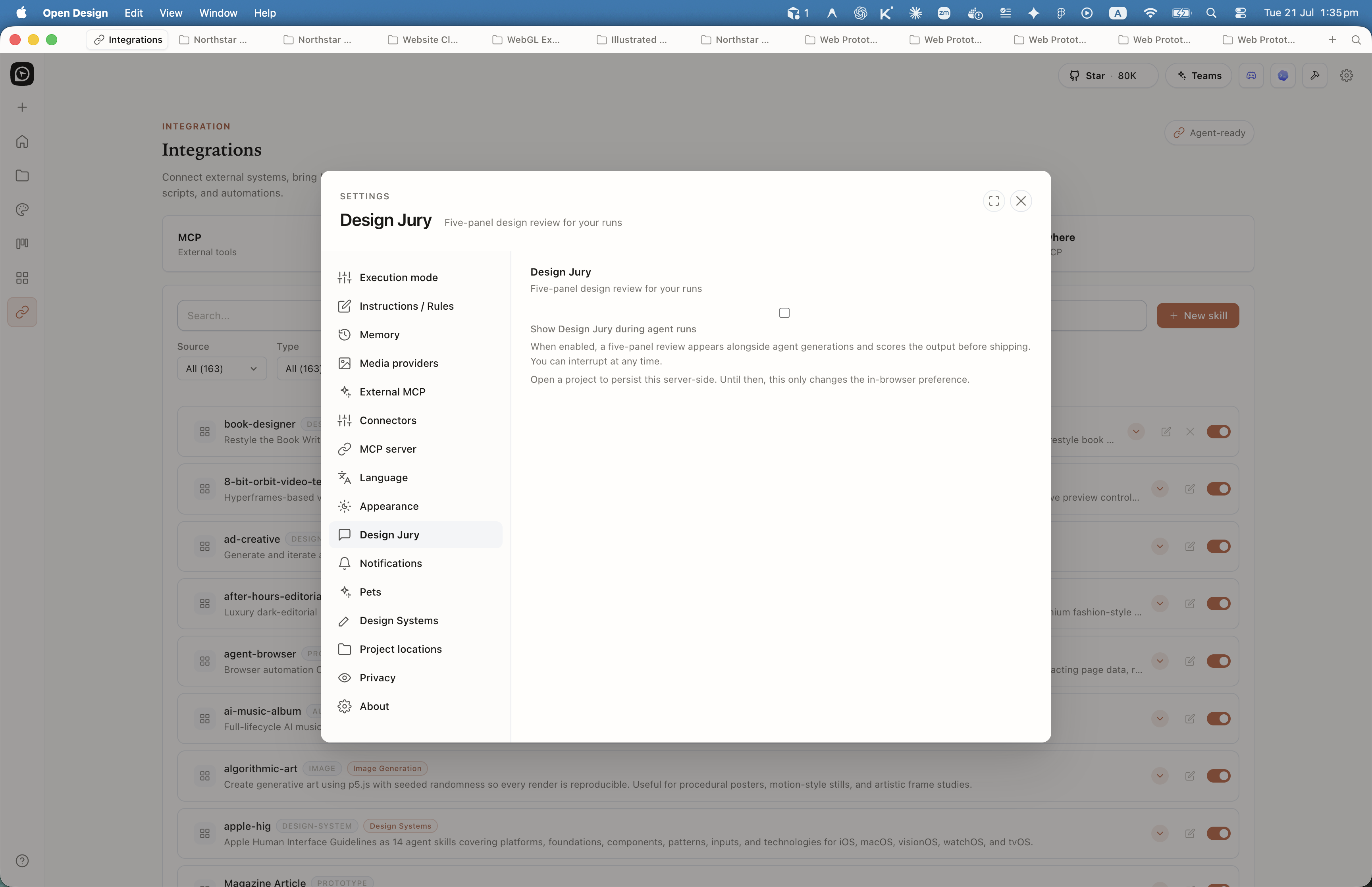 Open Design Settings Design Jury panel with toggle for five-panel review during agent runs