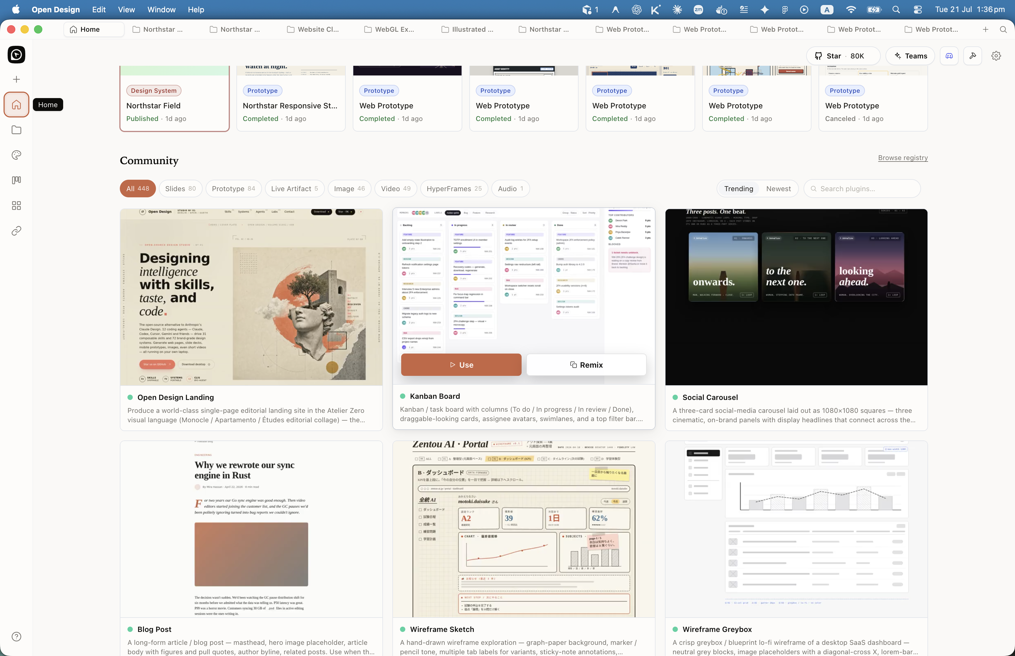 Open Design home community gallery showing scrollable plugin and template example cards below recent projects
