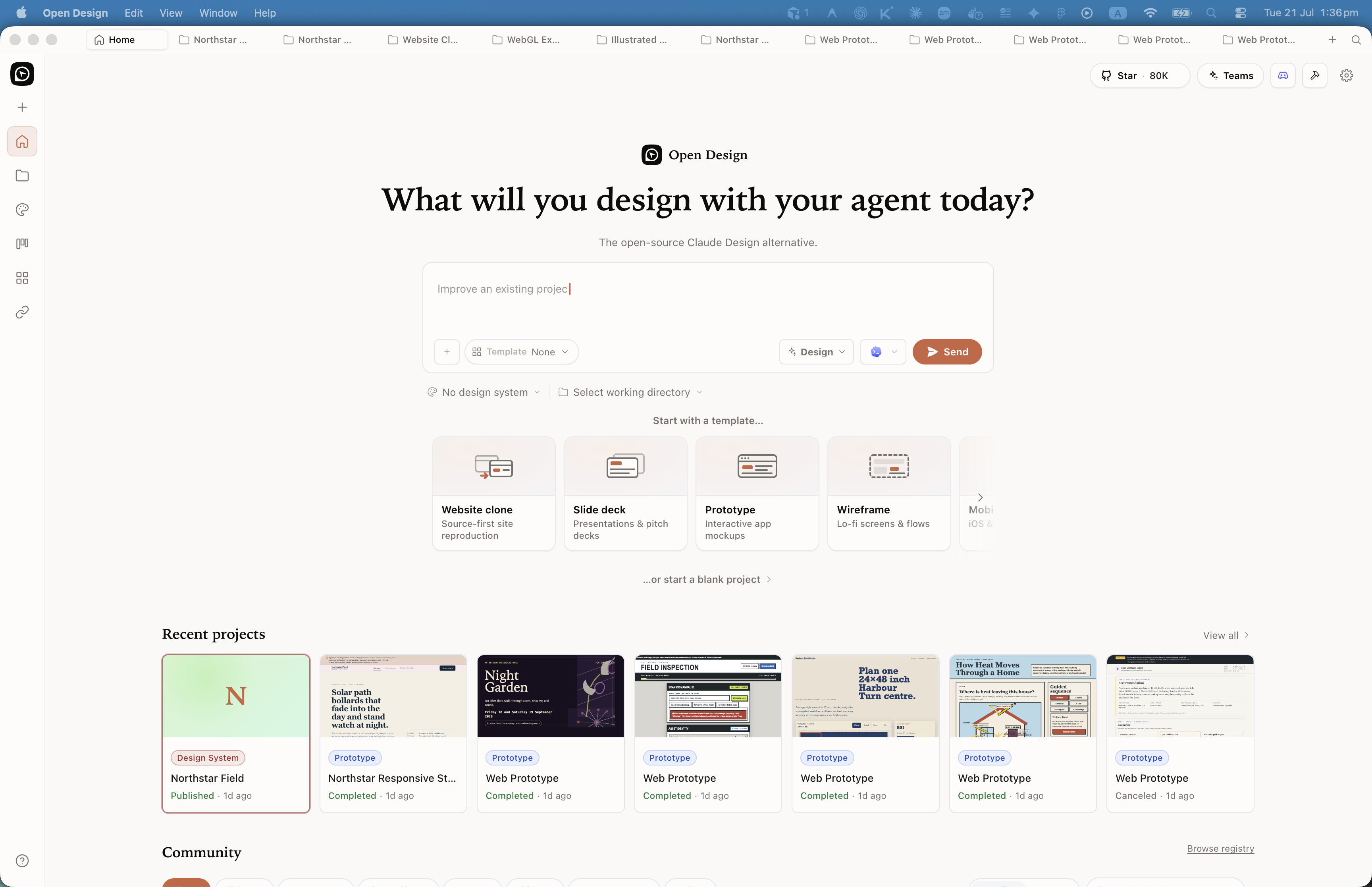 Open Design Teams beta surface showing org membership and shared workspace controls