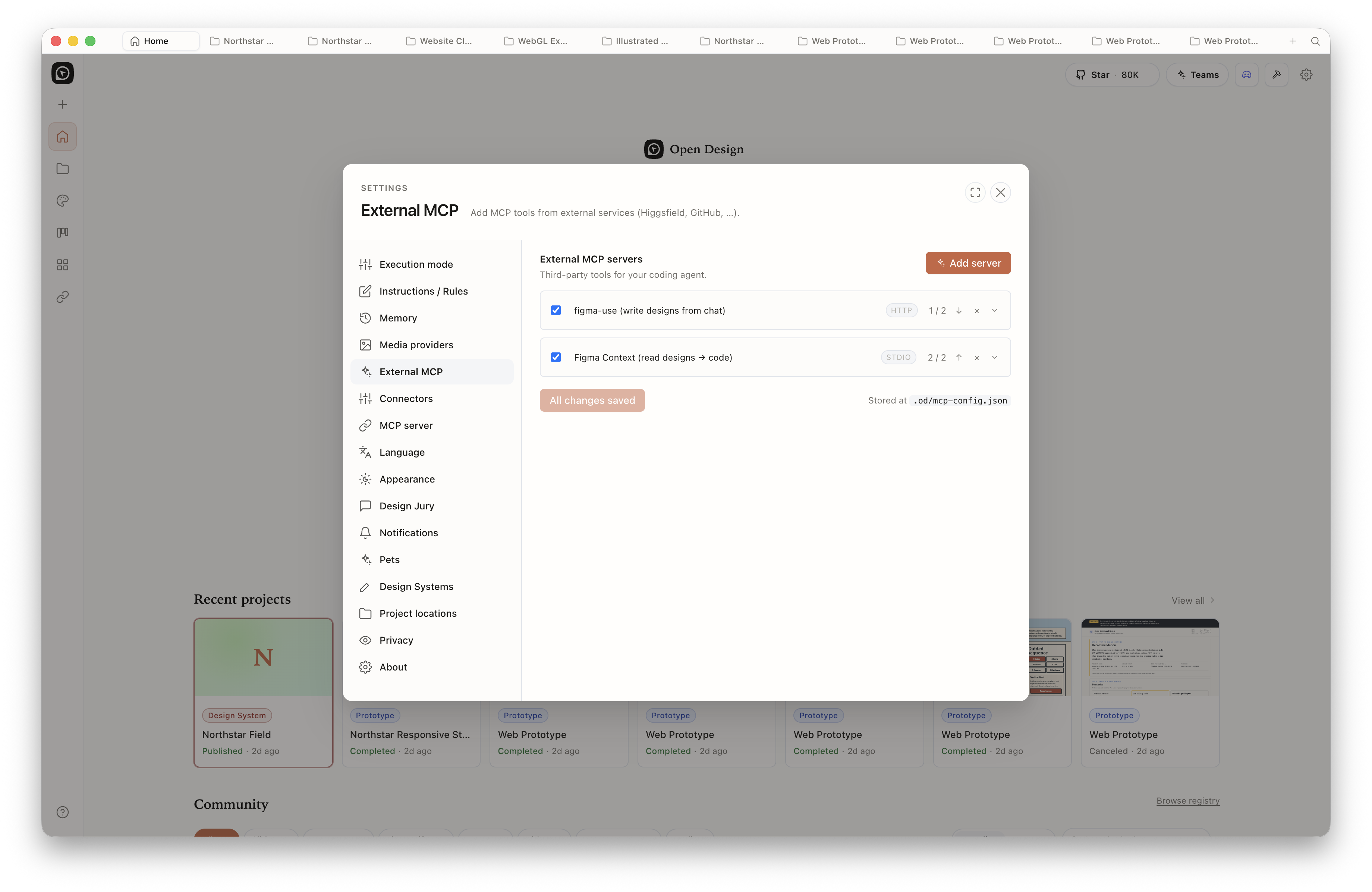 Open Design Settings External MCP panel