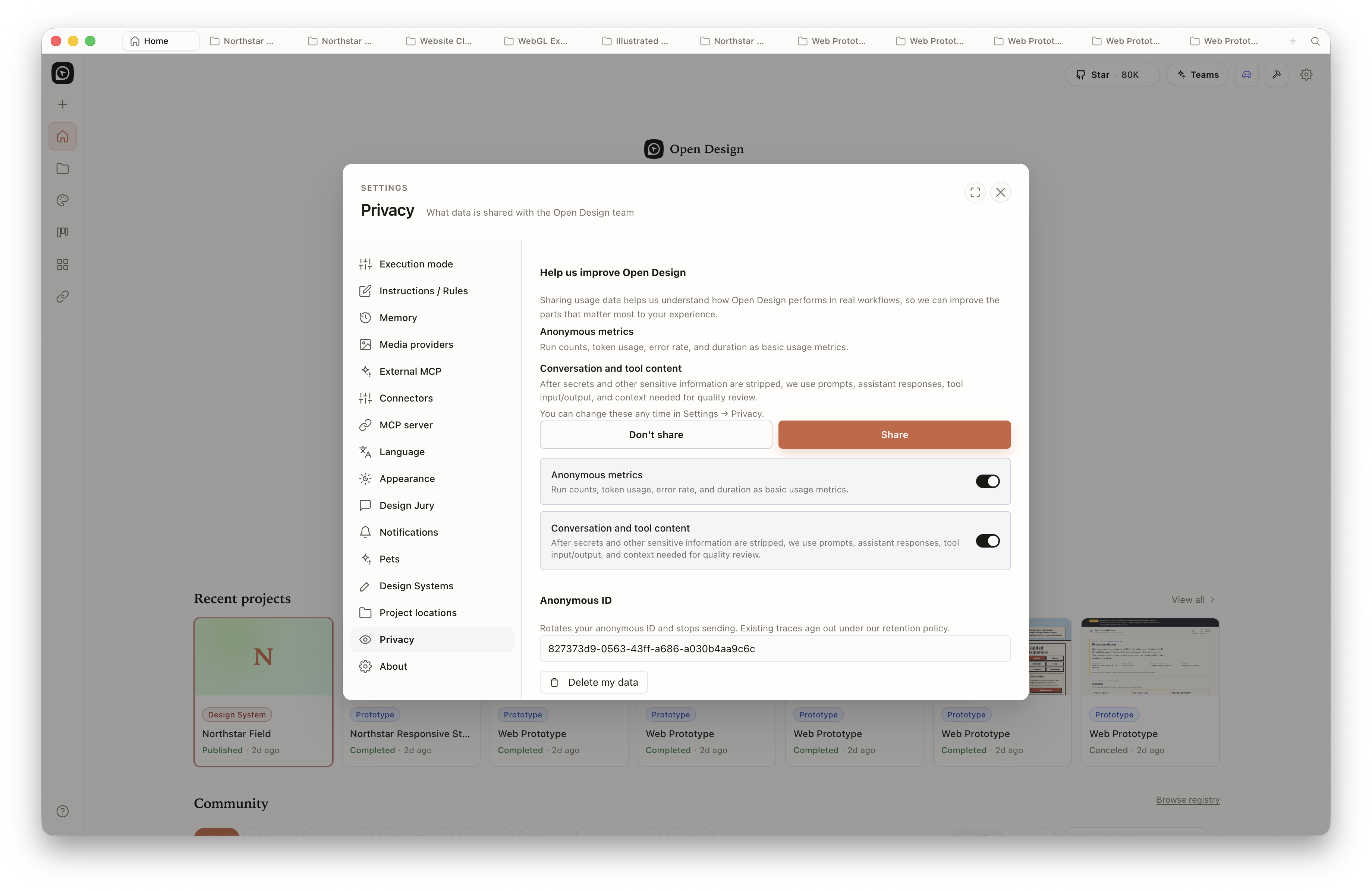 Open Design Settings Privacy panel