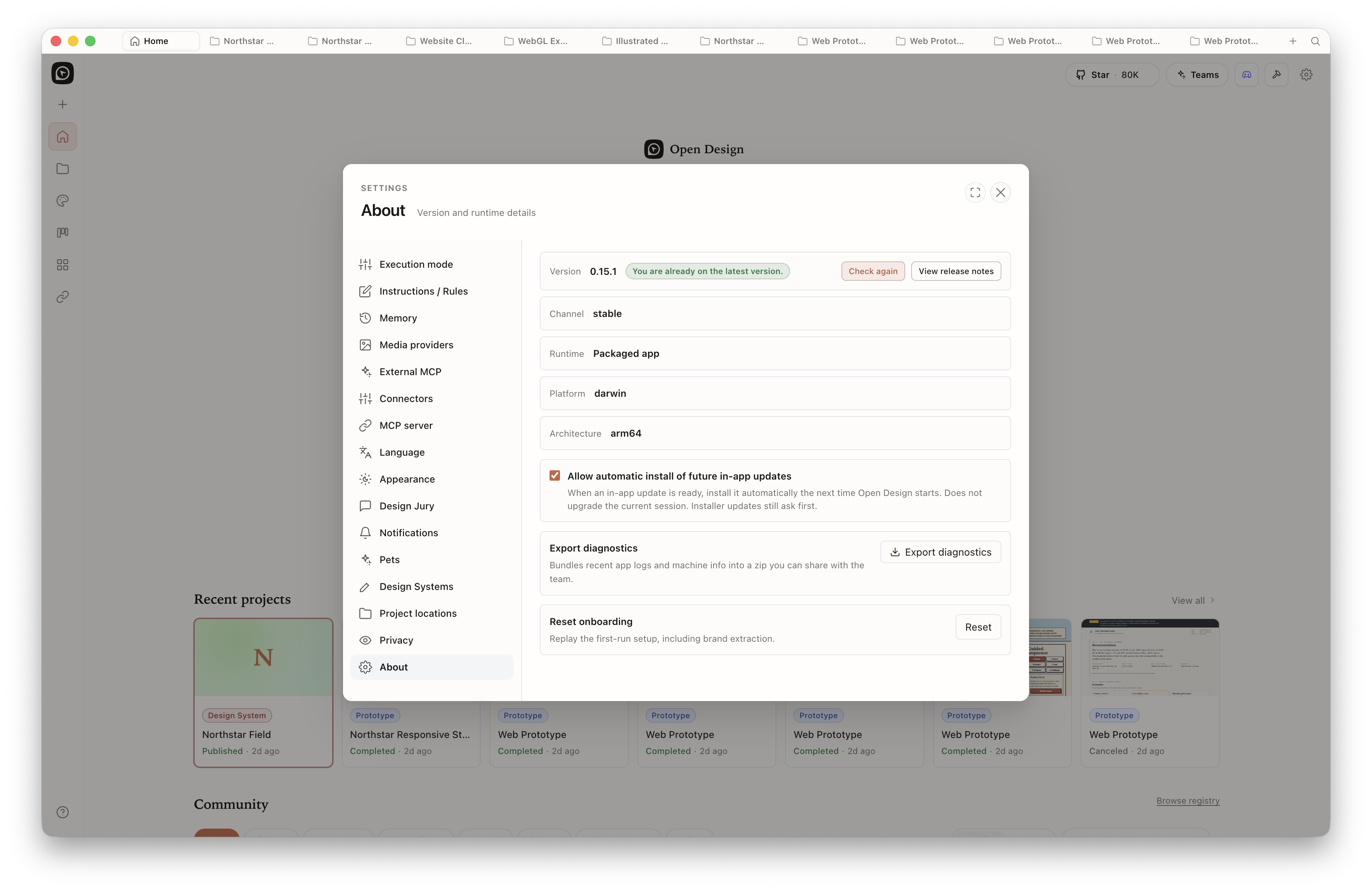 Open Design Settings About panel with version information