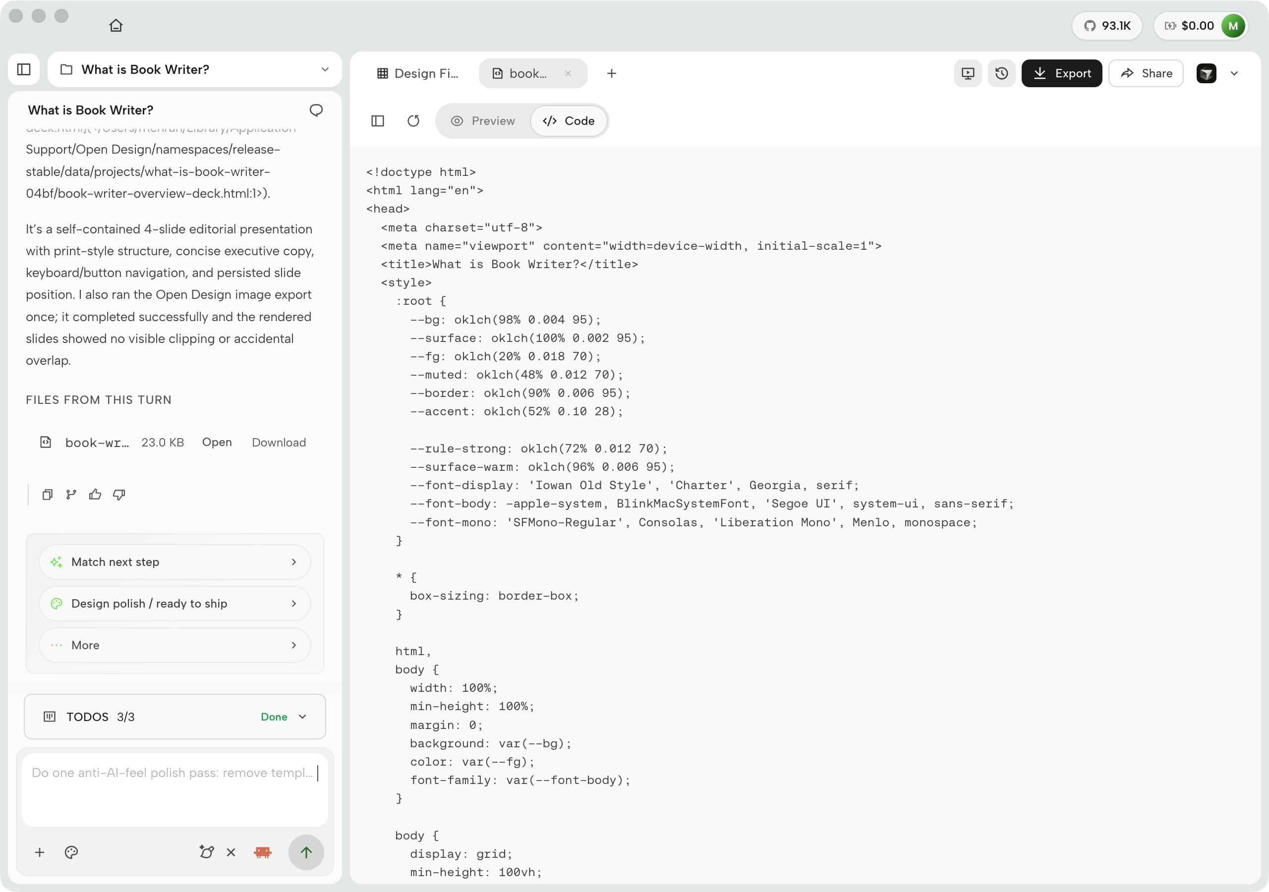 OpenDesign 0.21.1 Code view showing generated HTML source with a DESIGN TOKENS block in a root CSS custom-property declaration