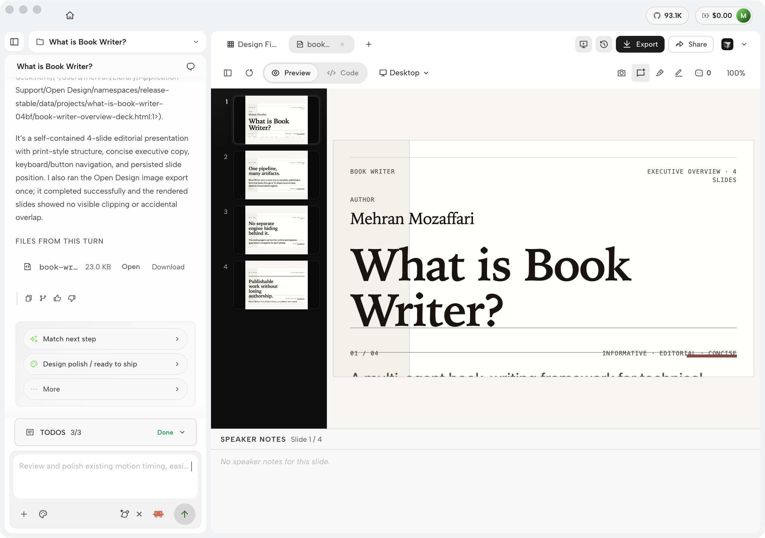 OpenDesign comment mode active on the deck preview with the annotation cursor