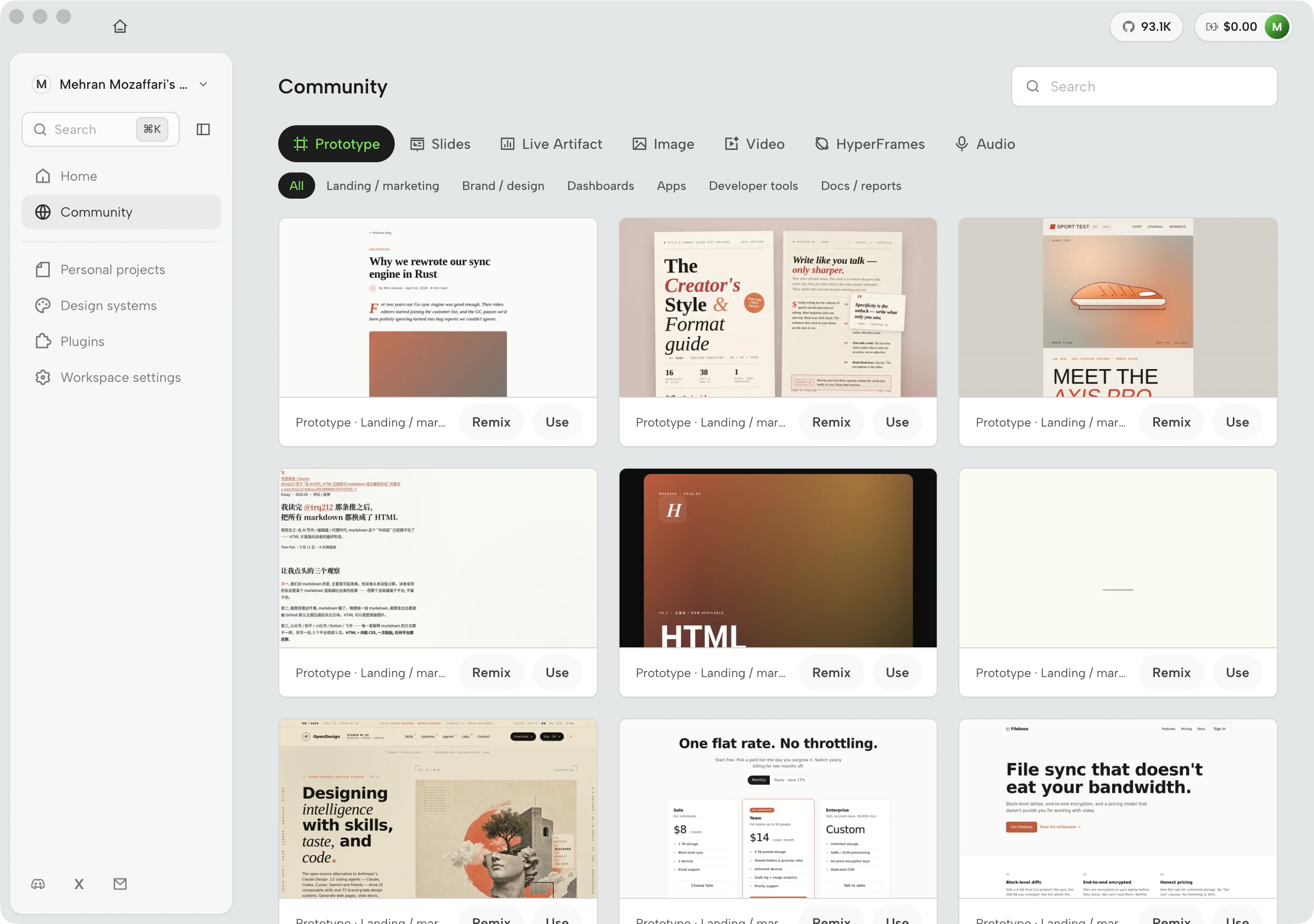 OpenDesign Community gallery with Prototype type selected, category filters, and template cards with Remix and Use buttons