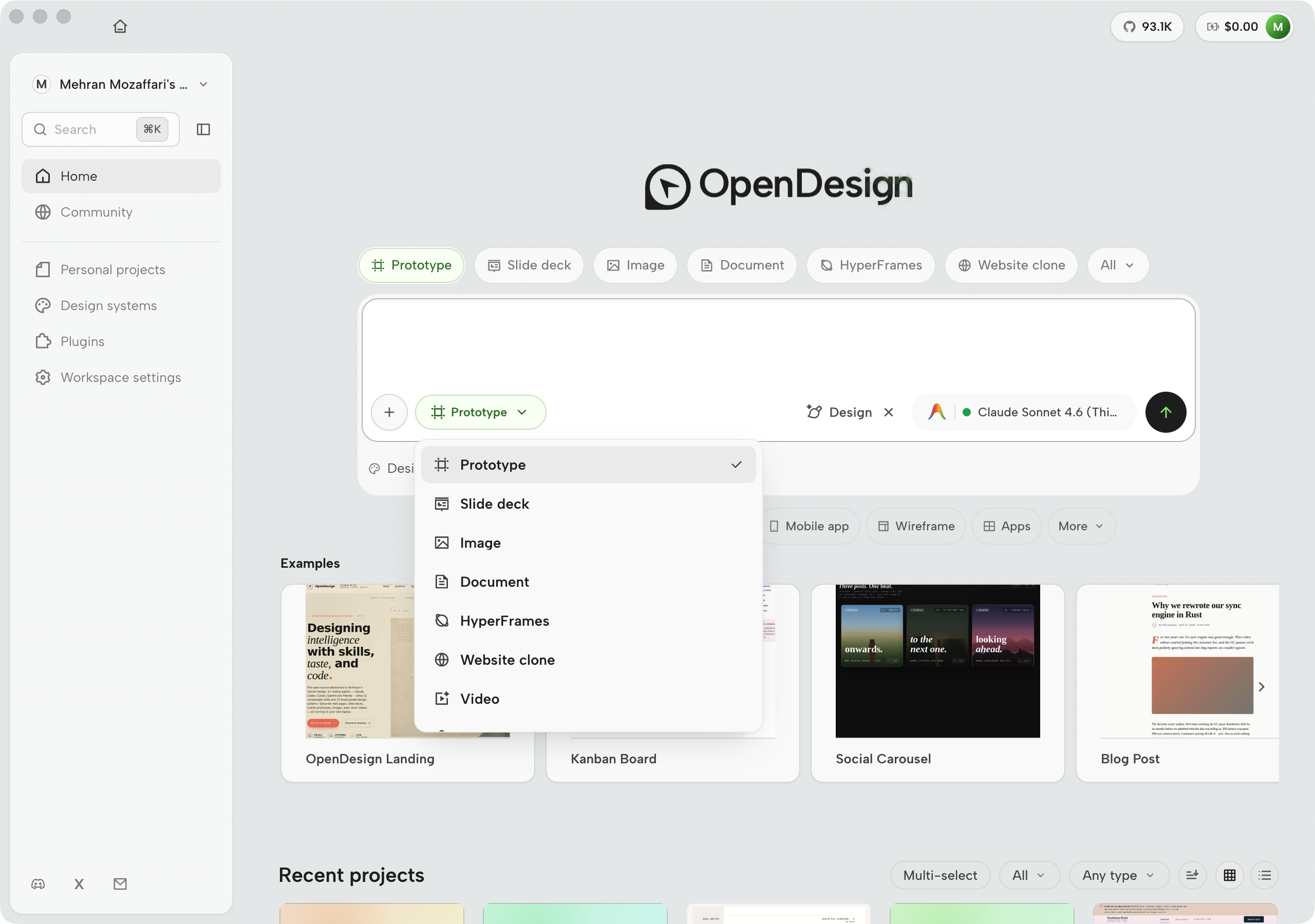 OpenDesign creation type menu open showing Prototype, Slide deck, Image, Document, HyperFrames, Website clone, and Video