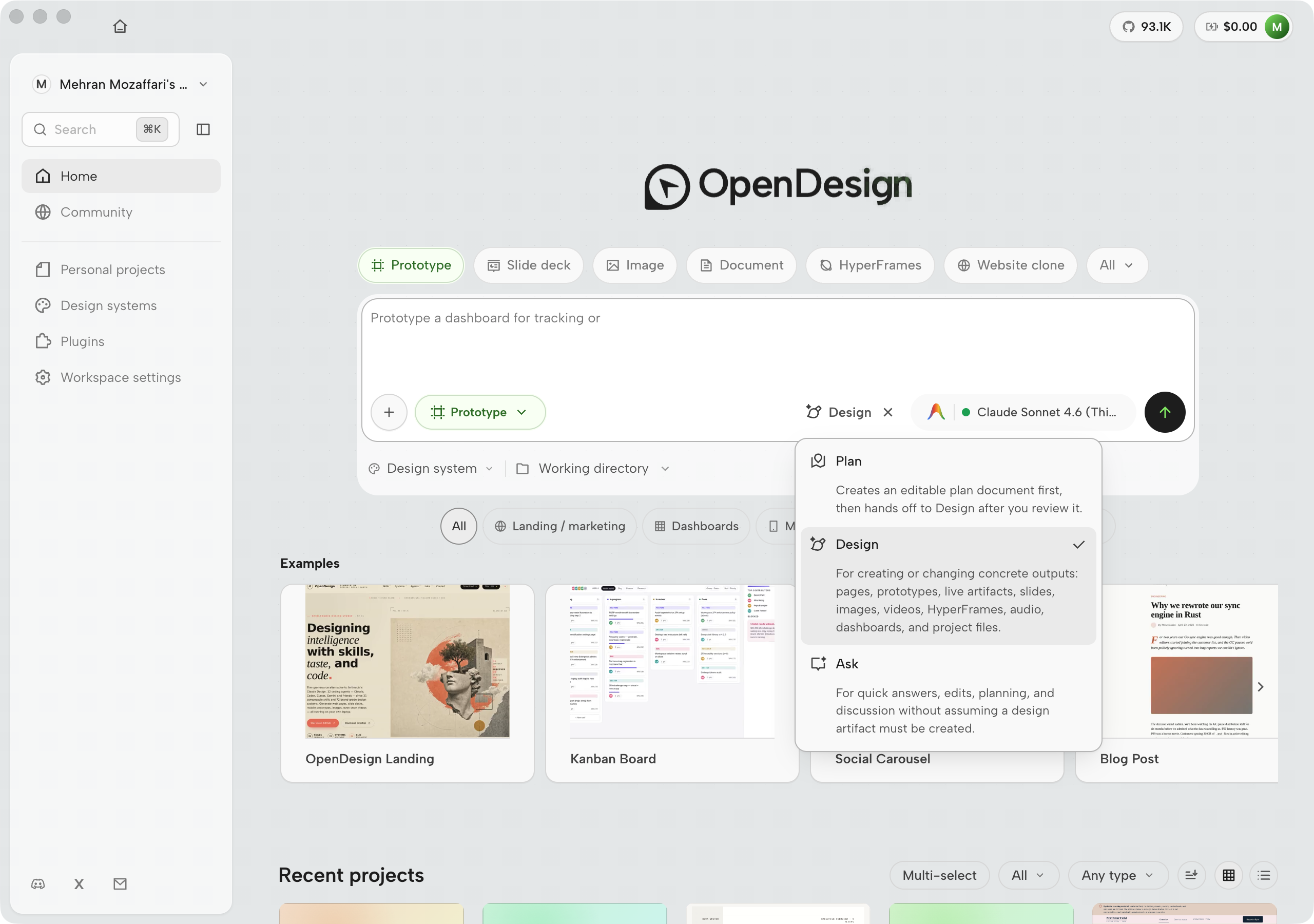 OpenDesign mode picker showing Plan, Design, and Ask with one-line contracts