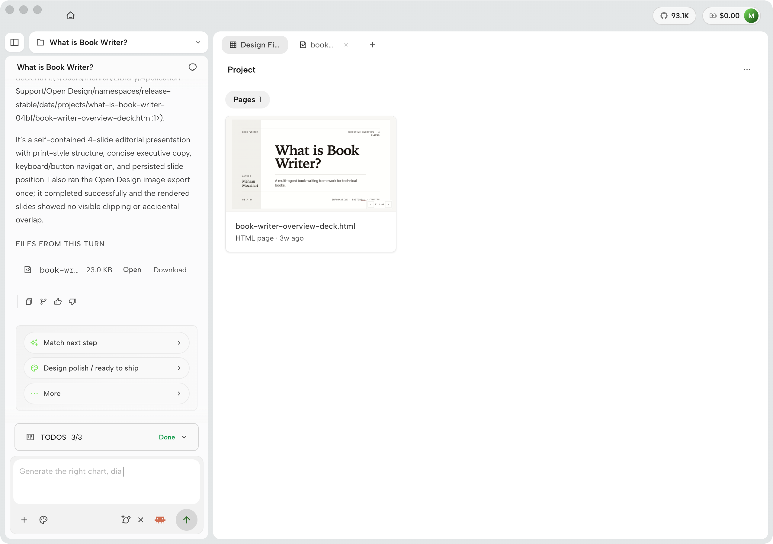 OpenDesign Design Files tab showing a Pages grid with one deck file card and its thumbnail