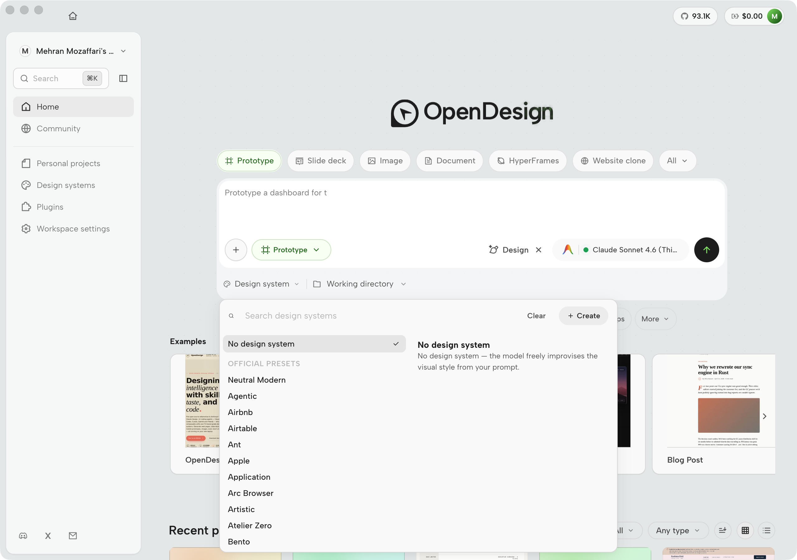 OpenDesign design system picker with search, Create, No design system default, and official presets from Neutral Modern to Bento