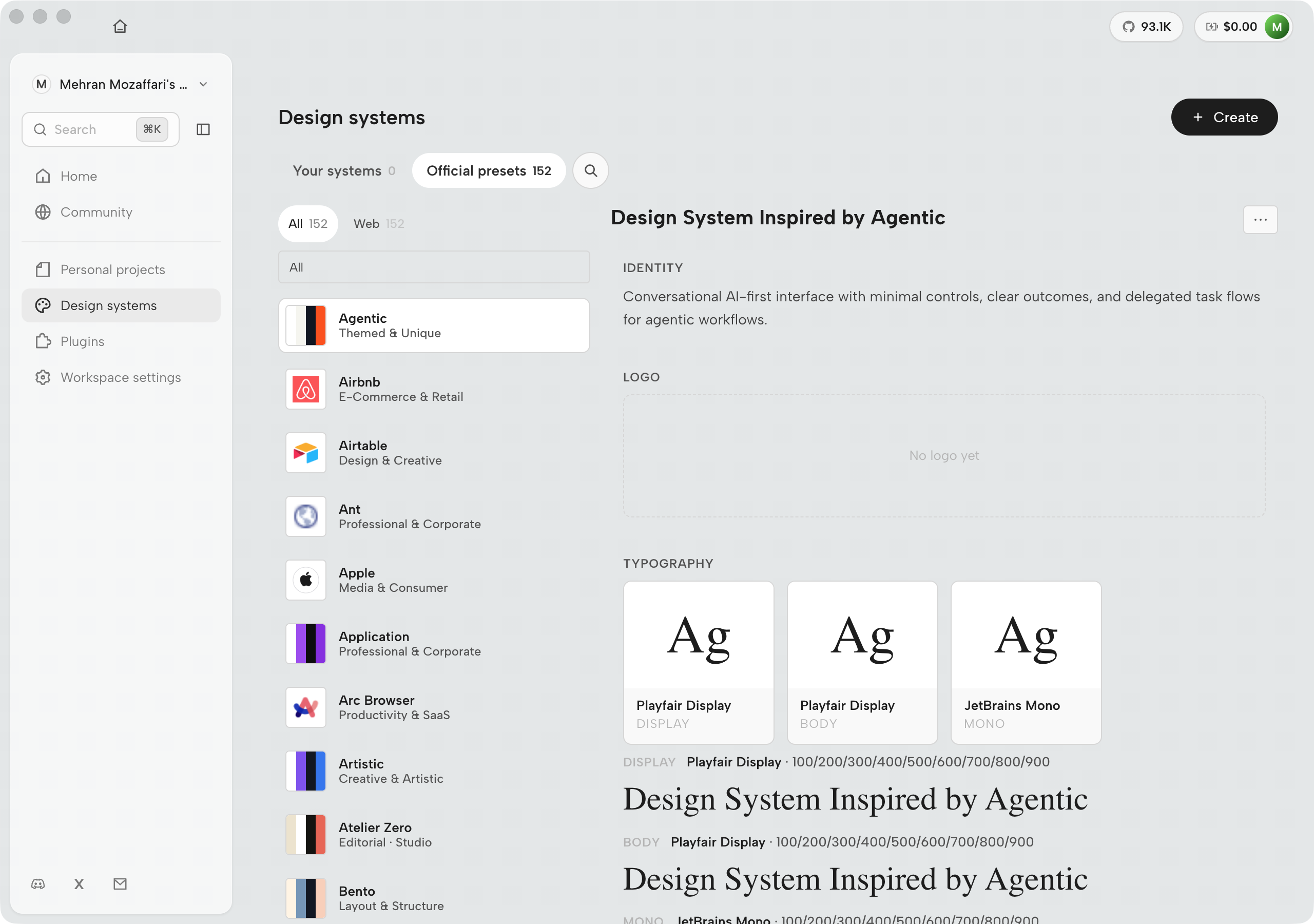 OpenDesign Design systems page showing Official presets 152 with the preset list and the Agentic system detail pane with identity, logo, and typography sections