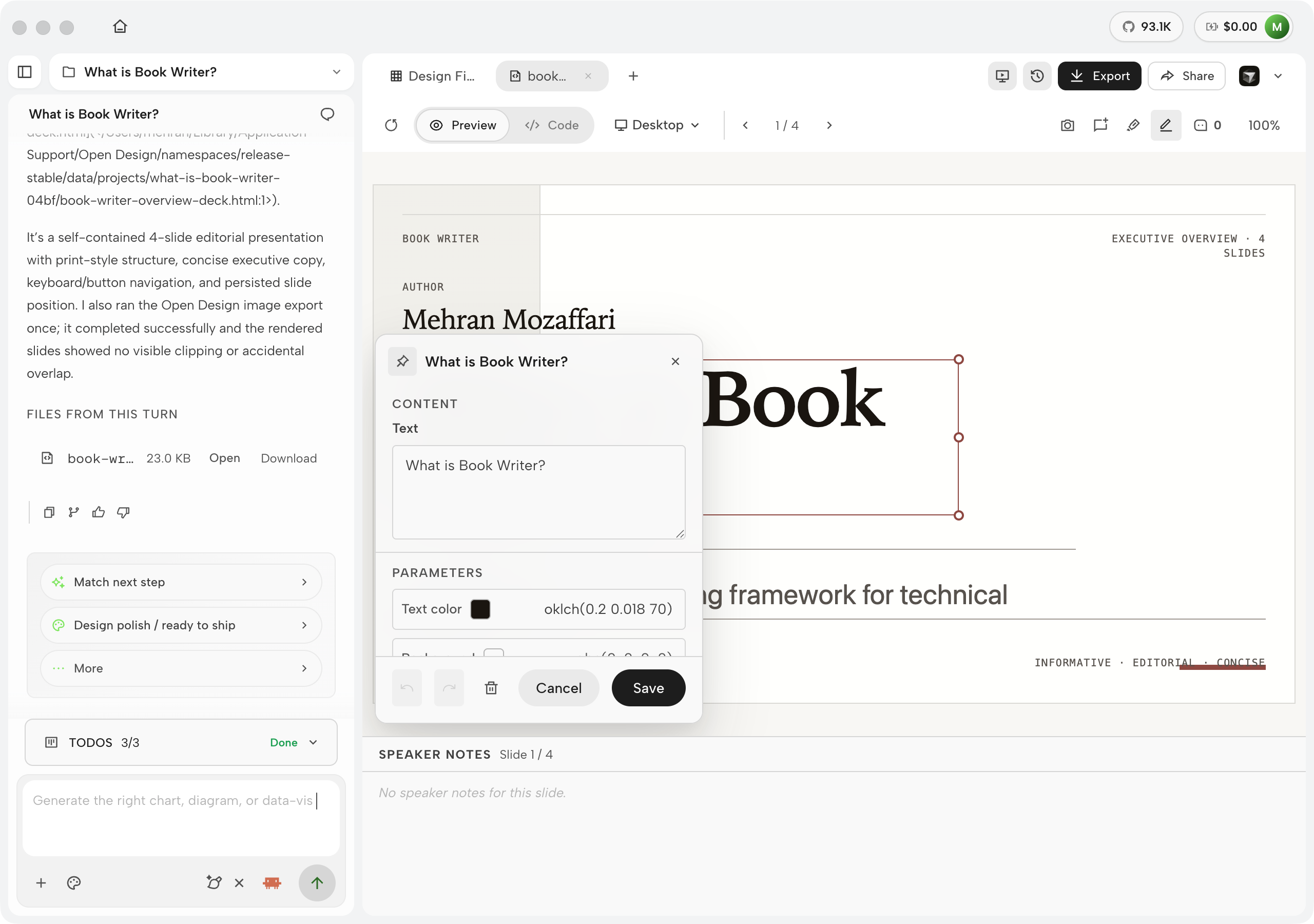 OpenDesign edit mode with the deck headline selected showing resize handles and the inspector popover with content text and text color parameters