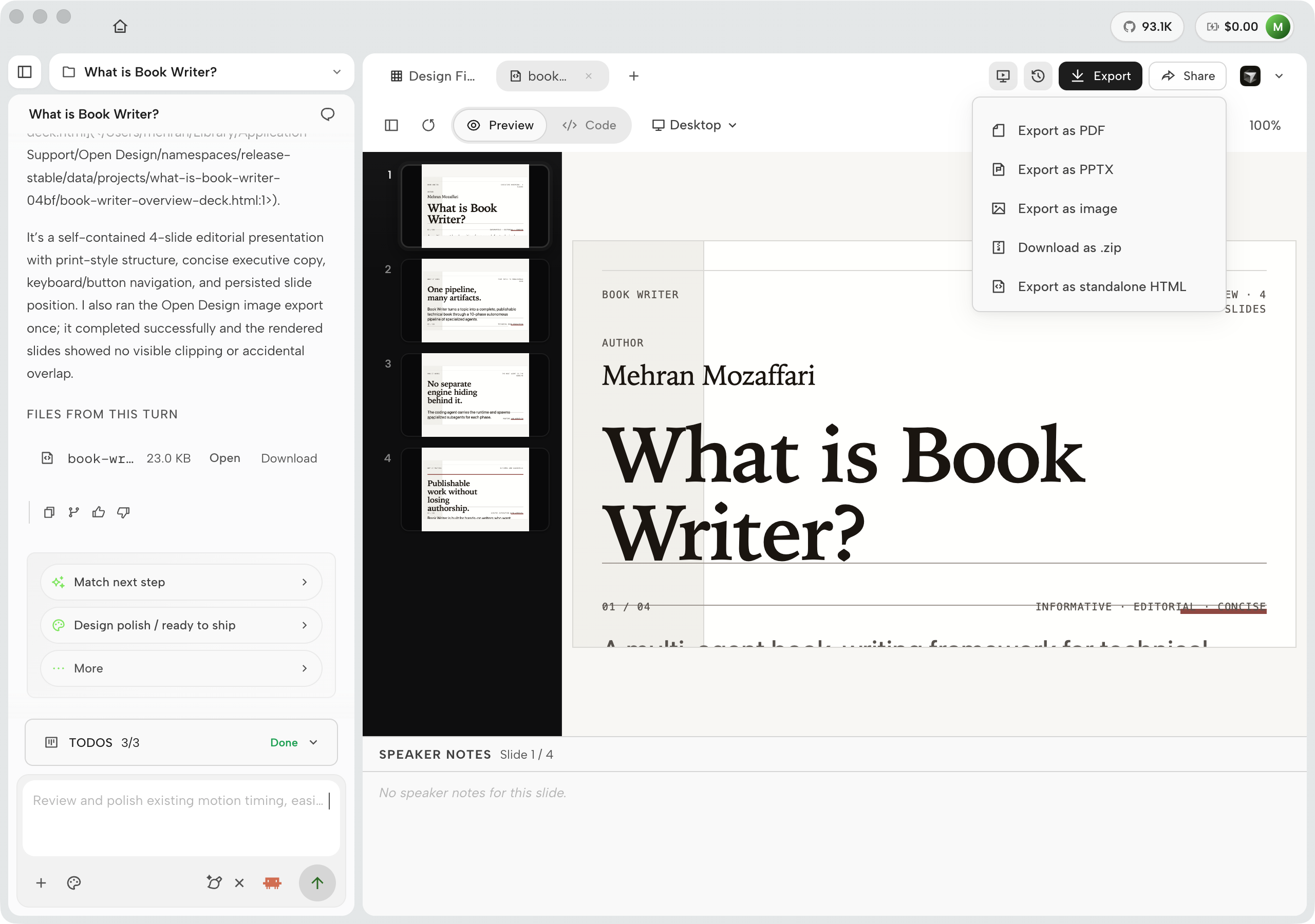 OpenDesign 0.21.1 Export menu showing Export as PDF, Export as PPTX, Export as image, Download as .zip, Export as standalone HTML, and Save as template
