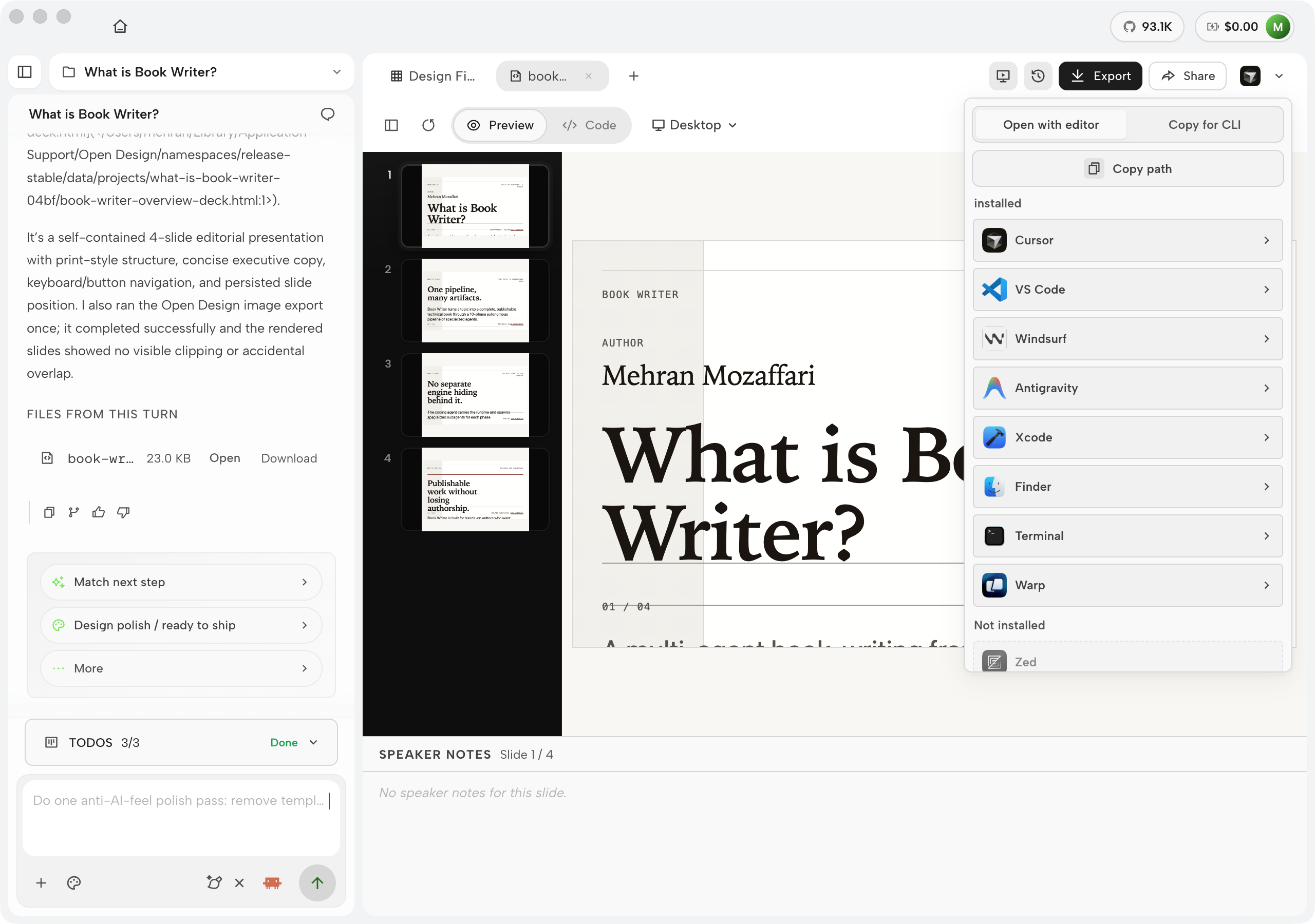 OpenDesign 0.21.1 Handoff menu with Open with editor and Copy for CLI tabs listing installed editors including Cursor, VS Code, Windsurf, Antigravity, Xcode, Finder, Terminal, and Warp