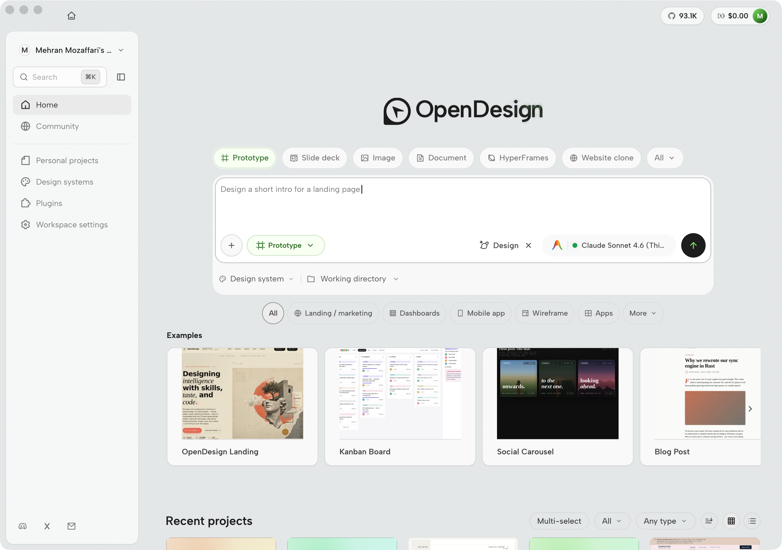 OpenDesign 0.21.1 home surface with creation-type chips, prompt composer, examples rail, and recent projects