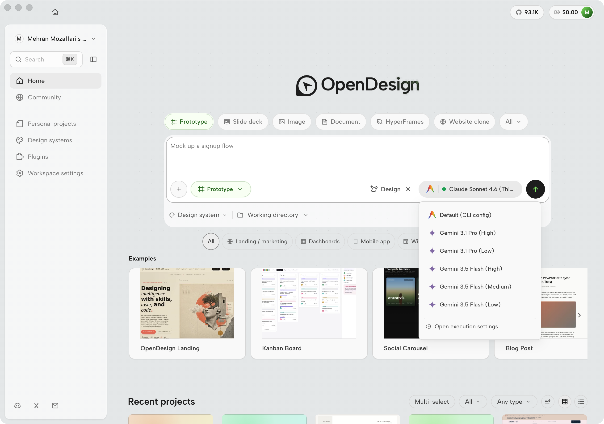 OpenDesign model picker open under the Antigravity agent label, listing Default, Gemini 3.1 Pro High and Low, Gemini 3.5 Flash High, Medium, and Low, with an Open execution settings link