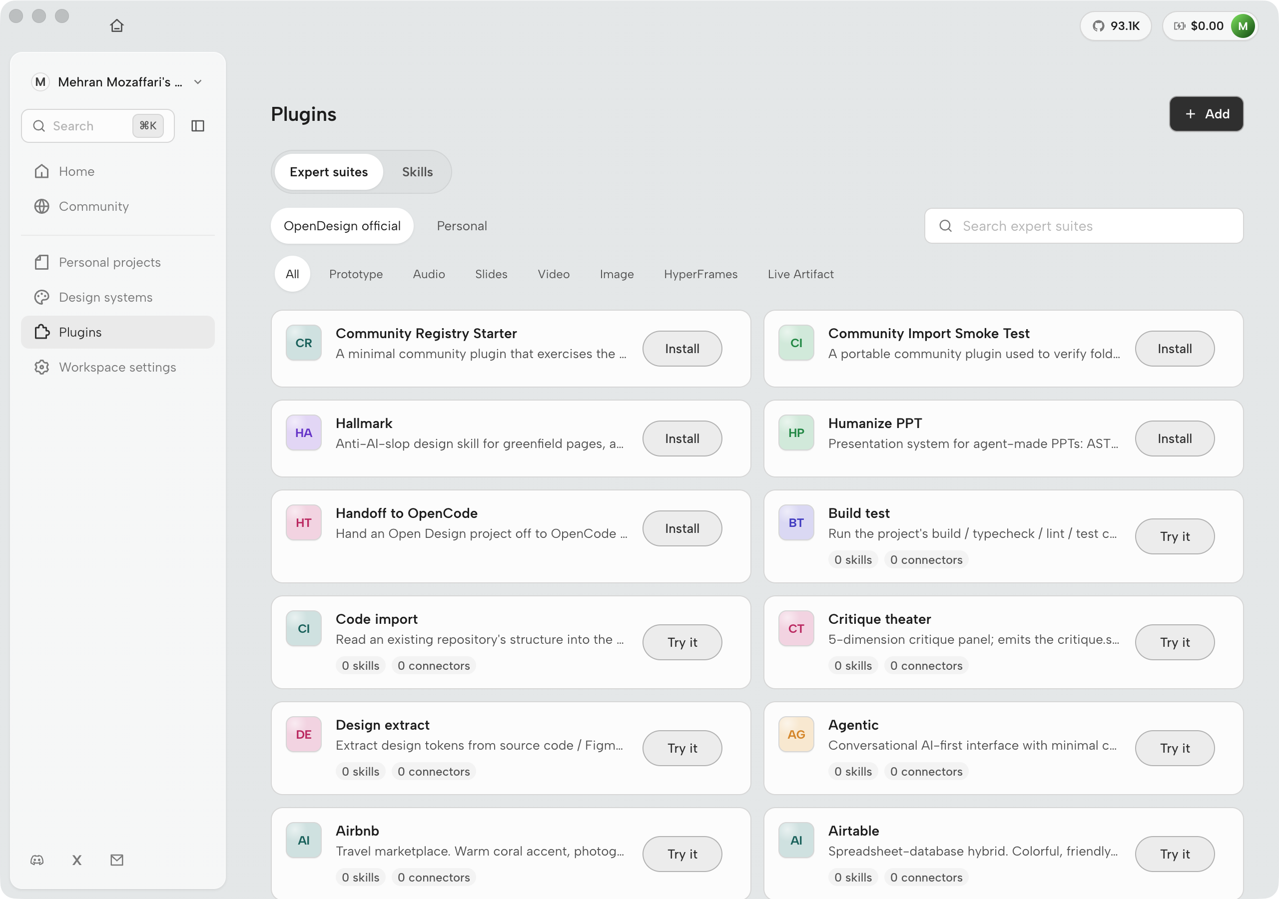 OpenDesign 0.21.1 plugins marketplace with Expert suites and Skills tabs, OpenDesign official and Personal source filters, and category filters