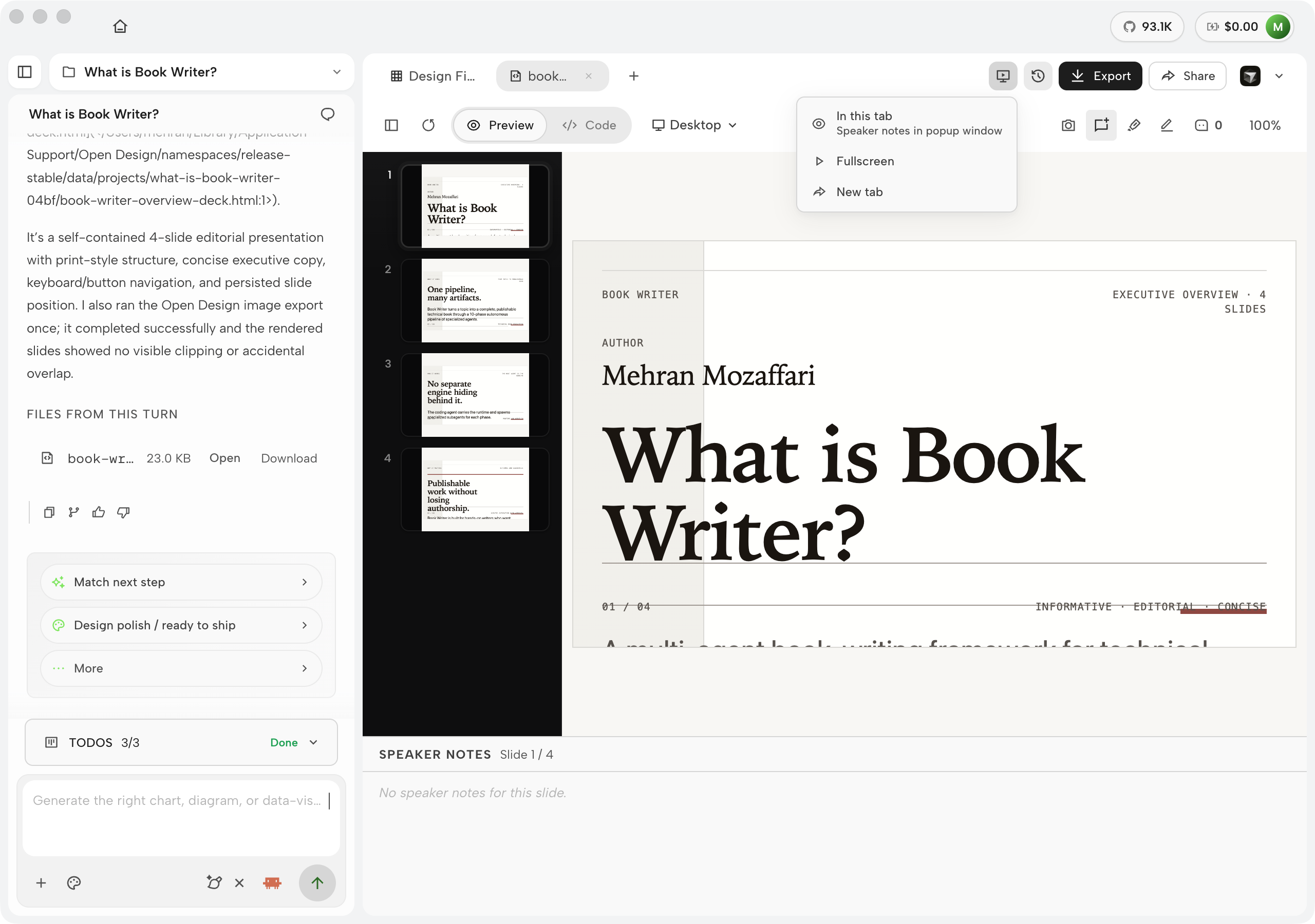OpenDesign Present menu showing In this tab with speaker notes in popup window, Fullscreen, and New tab