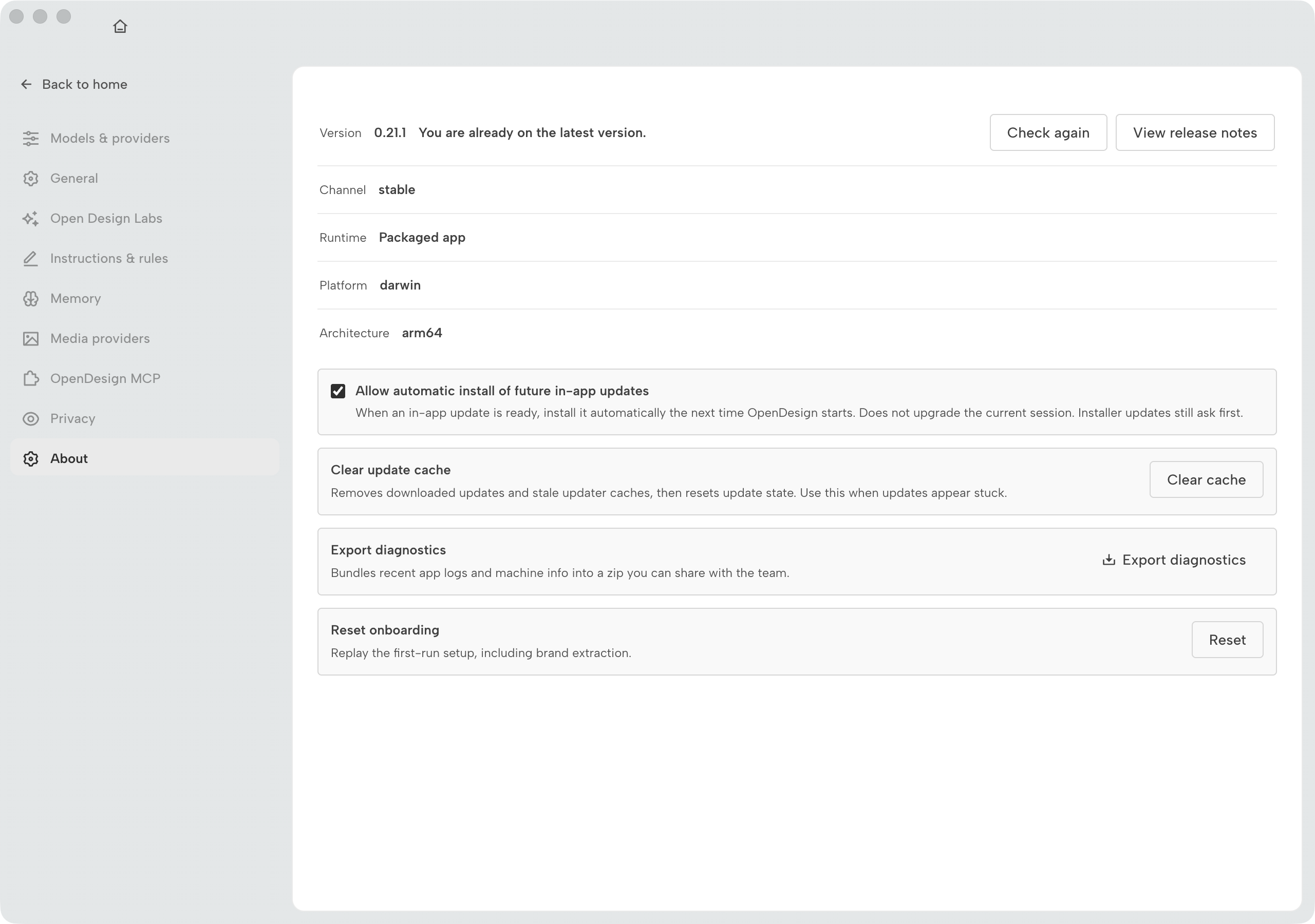 OpenDesign Workspace settings About page showing version 0.21.1, channel, runtime, and update controls