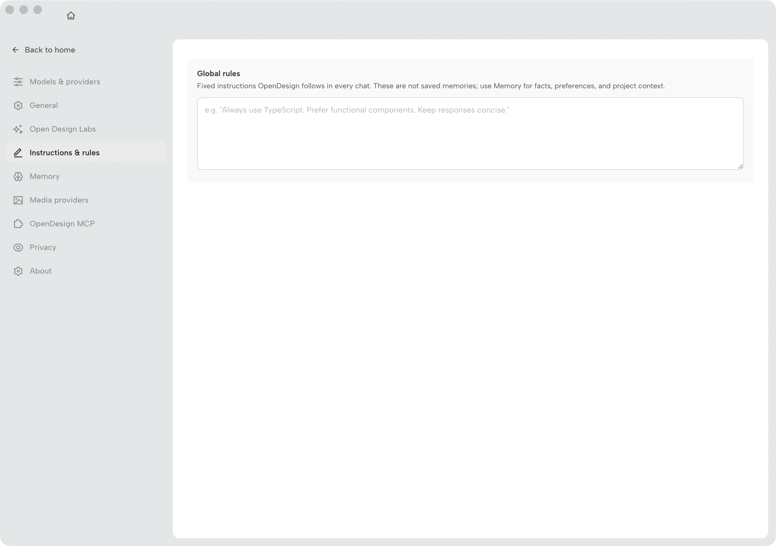 OpenDesign Workspace settings showing Instructions and rules panel for global rules followed in every chat