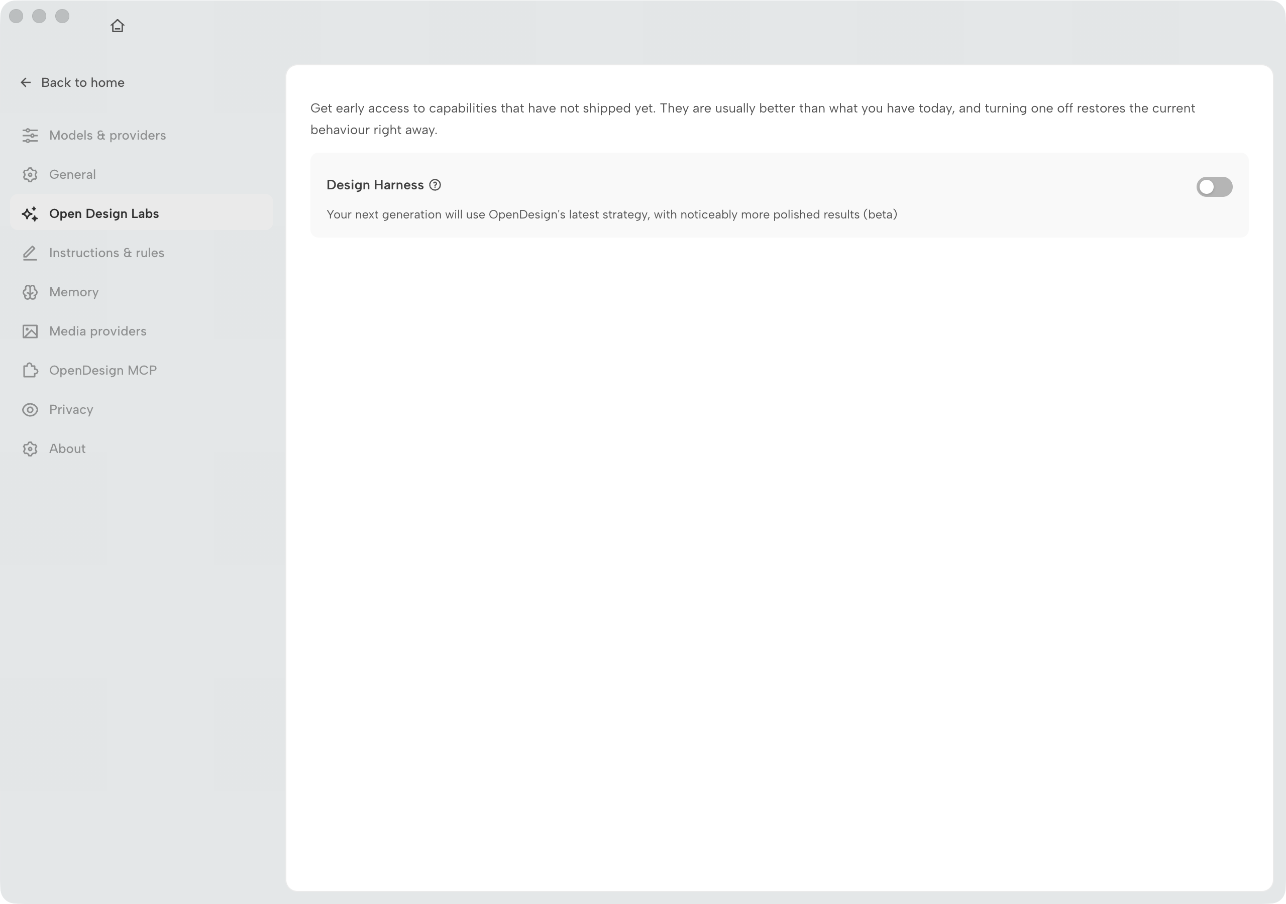 OpenDesign Workspace settings Open Design Labs page with the Design Harness beta switch