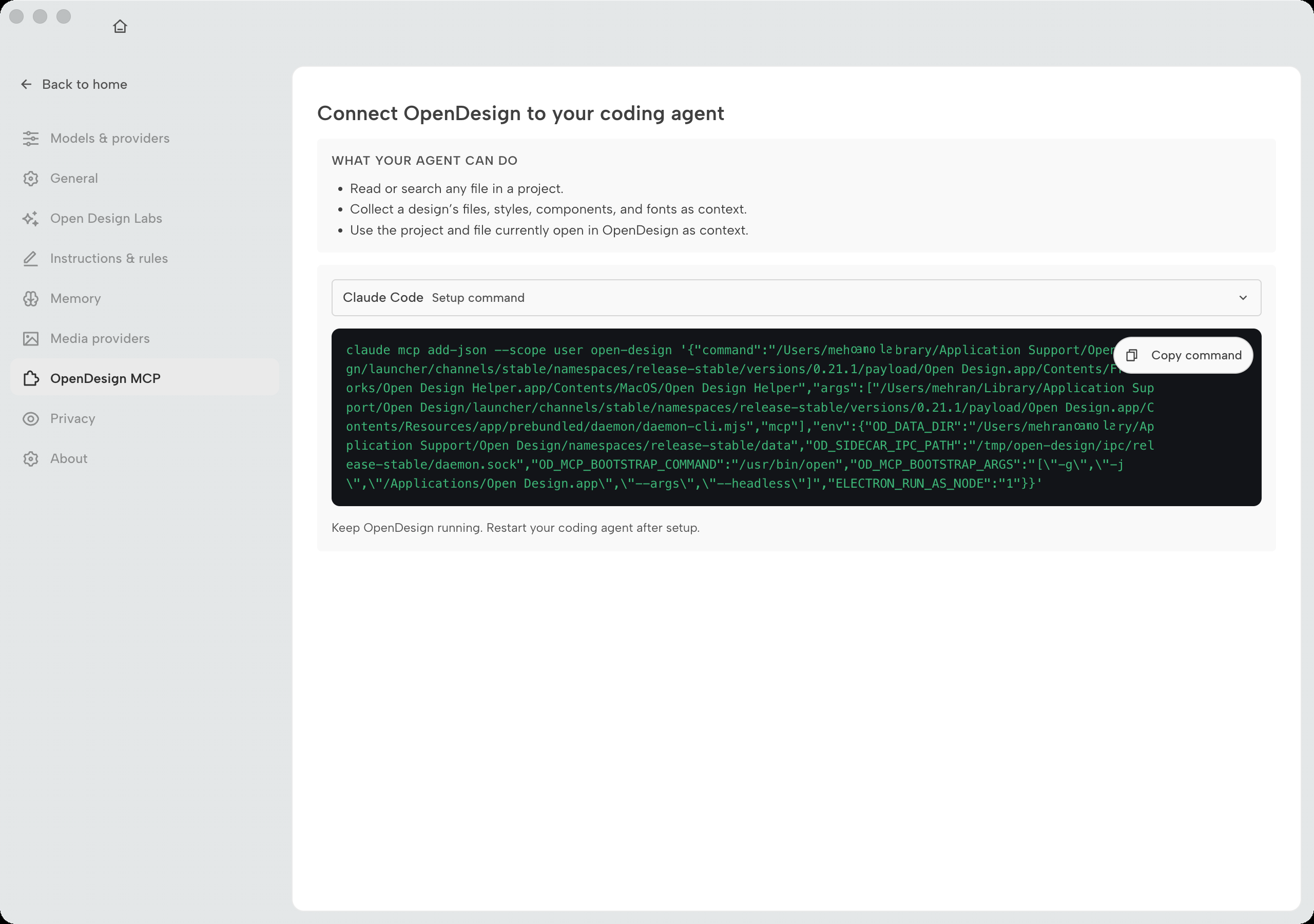 OpenDesign Workspace settings OpenDesign MCP page with per-agent setup command and copy button