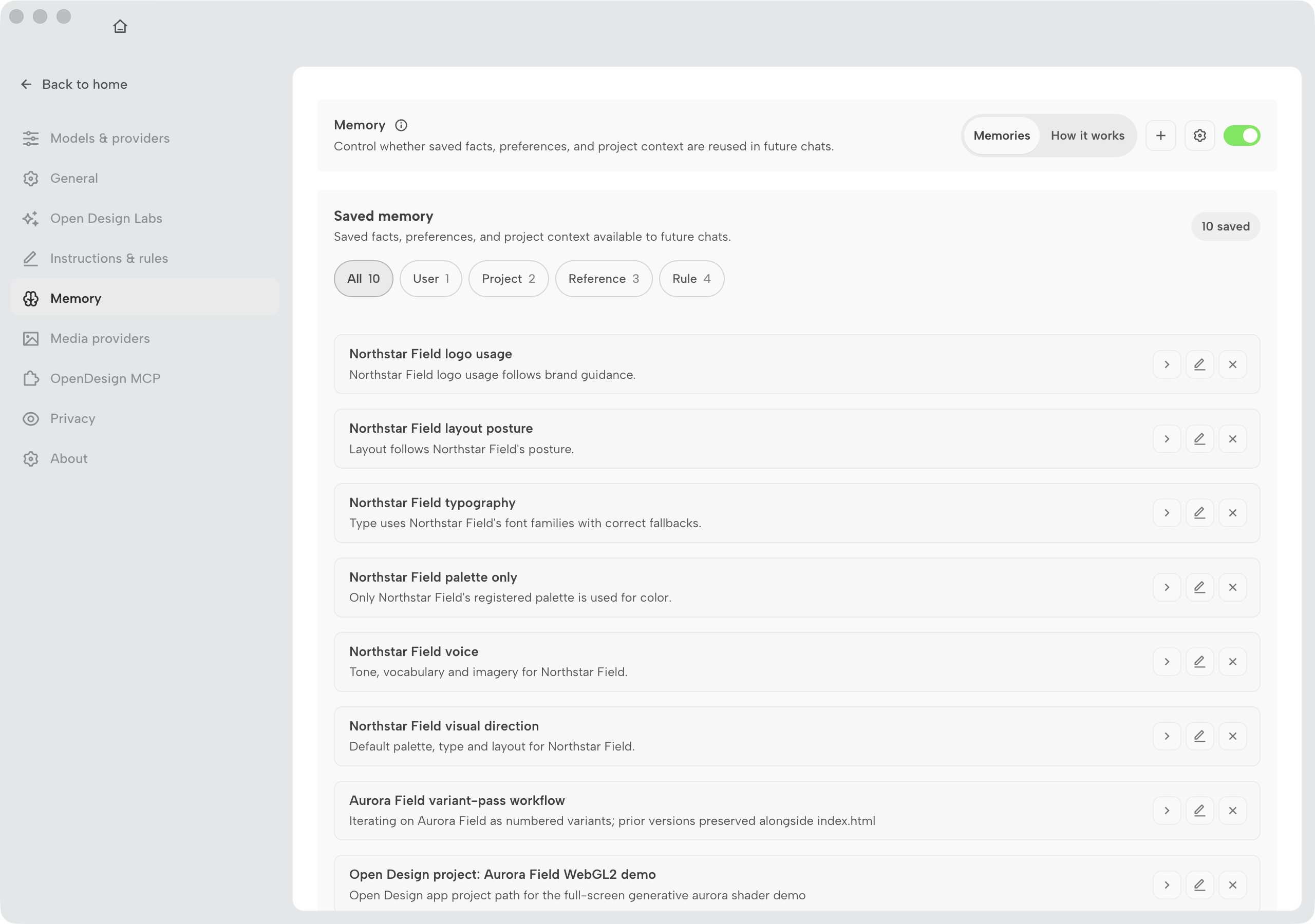 OpenDesign Workspace settings Memory panel with saved memories and User, Project, Reference, and Rule category filters