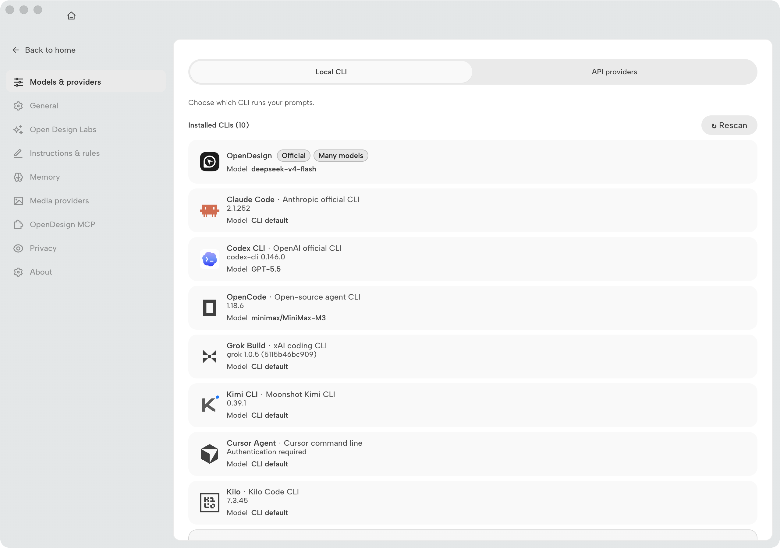 OpenDesign 0.21.1 Workspace settings open on Models and providers with Local CLI and API providers tabs and a list of detected coding-agent CLIs