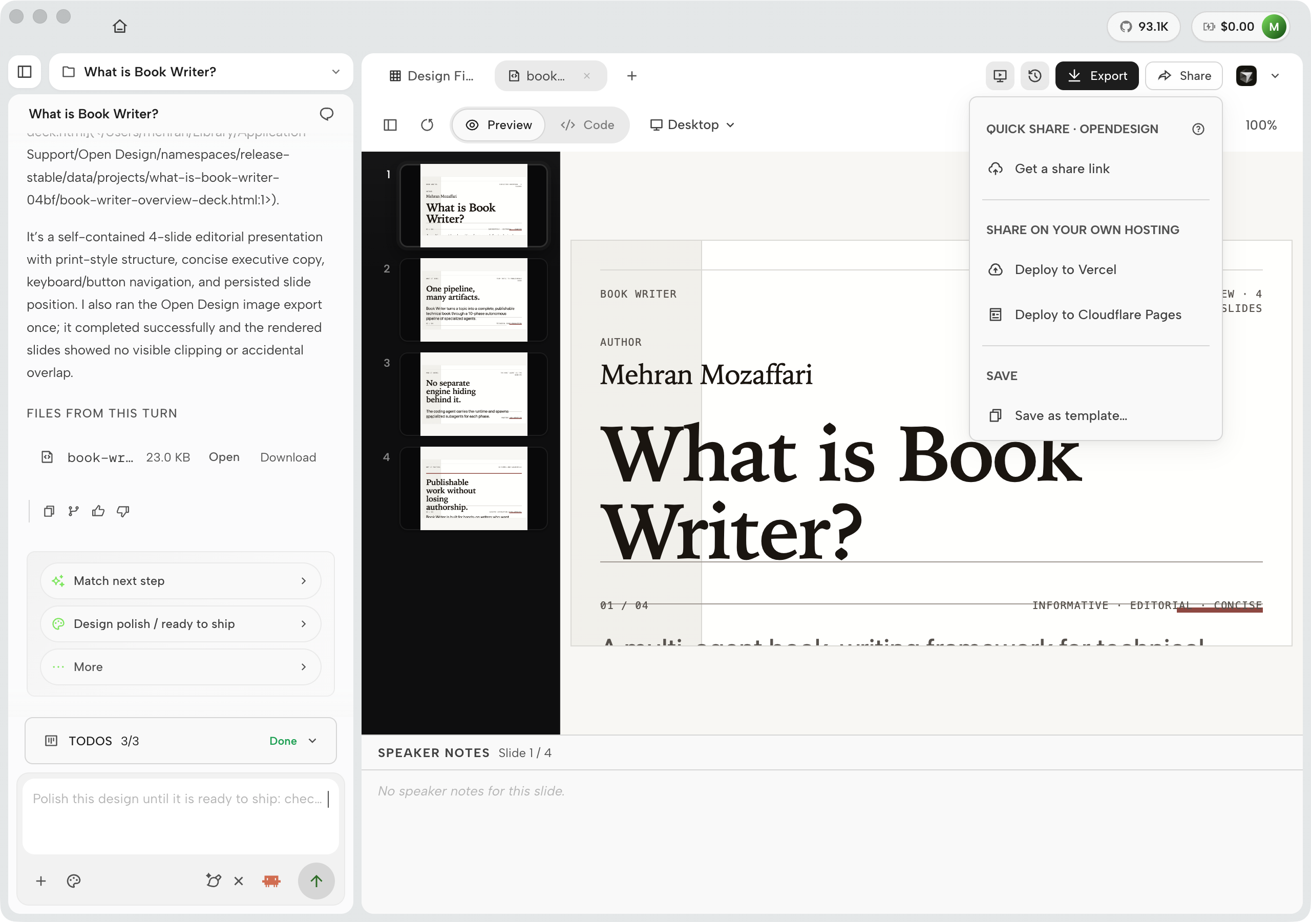 OpenDesign 0.21.1 Share menu with QUICK SHARE · OPENDESIGN, Deploy to Vercel, Deploy to Cloudflare Pages, and Save as template