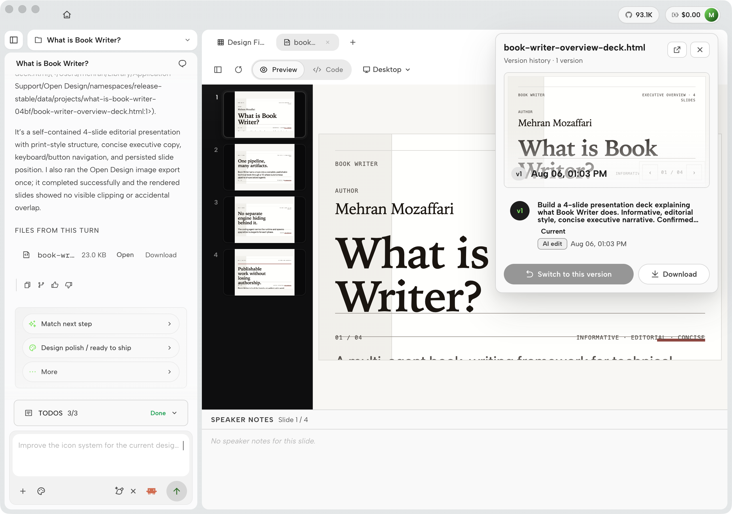 OpenDesign 0.21.1 Versions panel listing per-file version cards with Current and AI edit badges, a prompt excerpt, and Switch to this version and Download actions