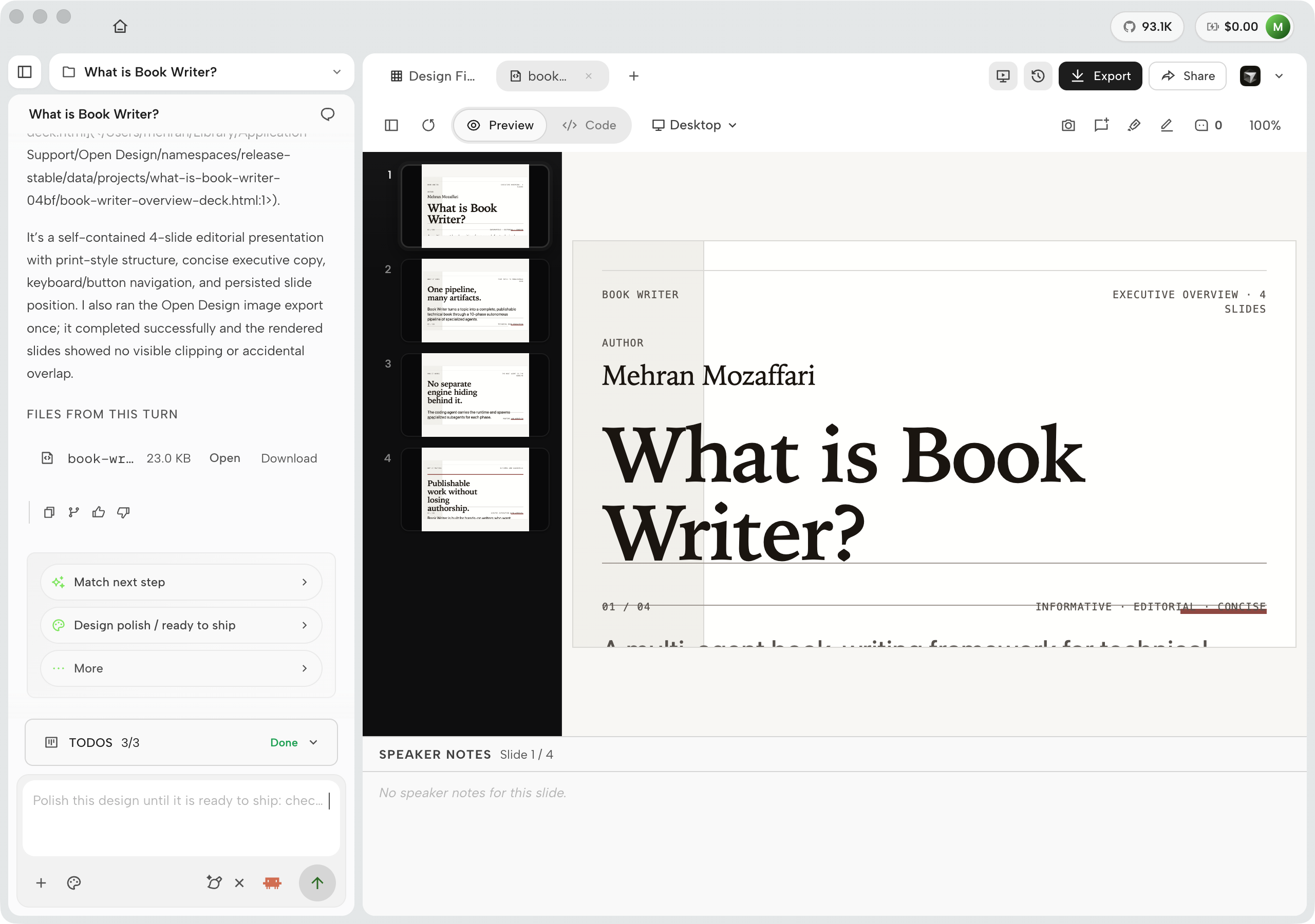 OpenDesign 0.21.1 workspace overview with the chat rail on the left, generated files and the live preview on the right, and the Preview/Code toggle in the toolbar