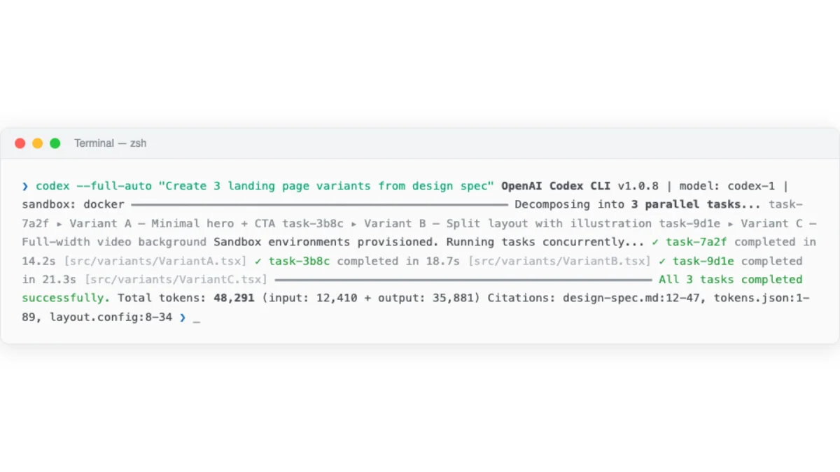 Terminal output from Codex CLI showing three parallel sandbox tasks executing design generation with citation references for each decision