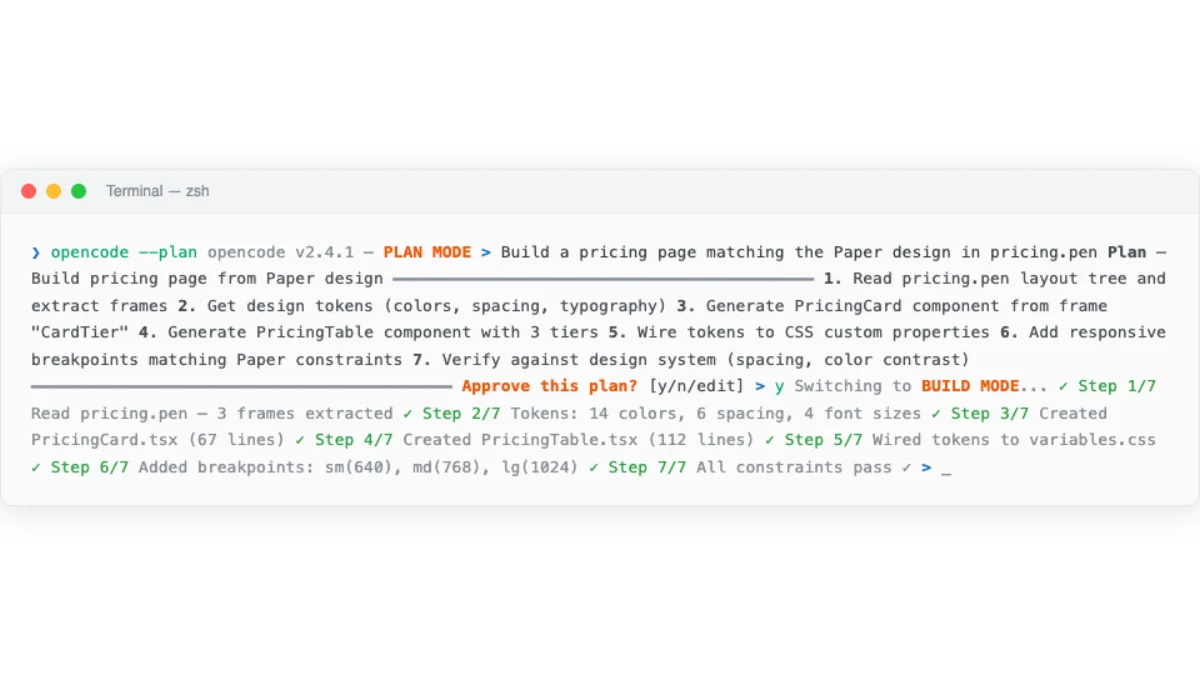 OpenCode terminal session demonstrating the plan mode with a detailed multi-step design generation plan awaiting user approval before execution