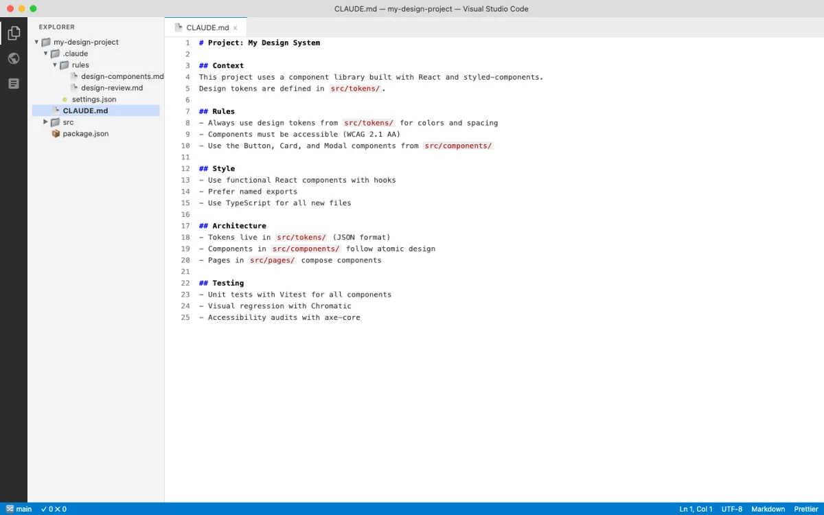 VS Code editor displaying a CLAUDE.md configuration file with the project file tree showing the .claude directory and rules subdirectory for path-scoped configuration