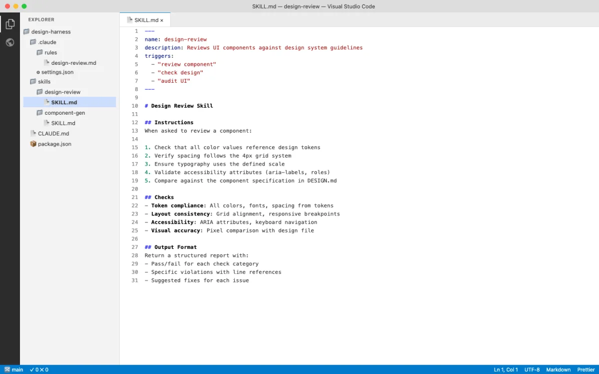 VS Code editor displaying a SKILL.md file with YAML frontmatter containing name, description, and trigger fields followed by markdown-formatted skill instructions