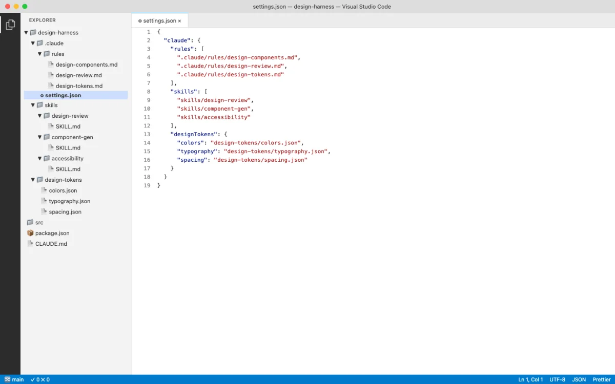 VS Code file explorer showing a design harness project structure with .claude/rules directory, skills directory containing SKILL.md files, and a design-tokens directory