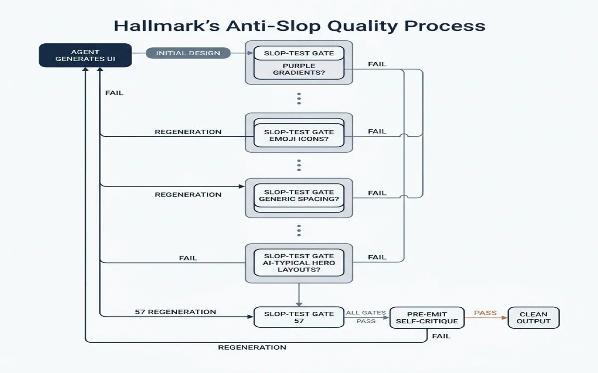 Pipeline diagram showing Hallmark's anti-slop quality process: agent generates UI, passes through 57 slop-test gates checking for AI tells (purple gradients, emoji icons, generic spacing, AI-typical hero layouts), then pre-emit self-critique, with rejection loops back to regeneration for any failure, producing clean output only when all gates pass