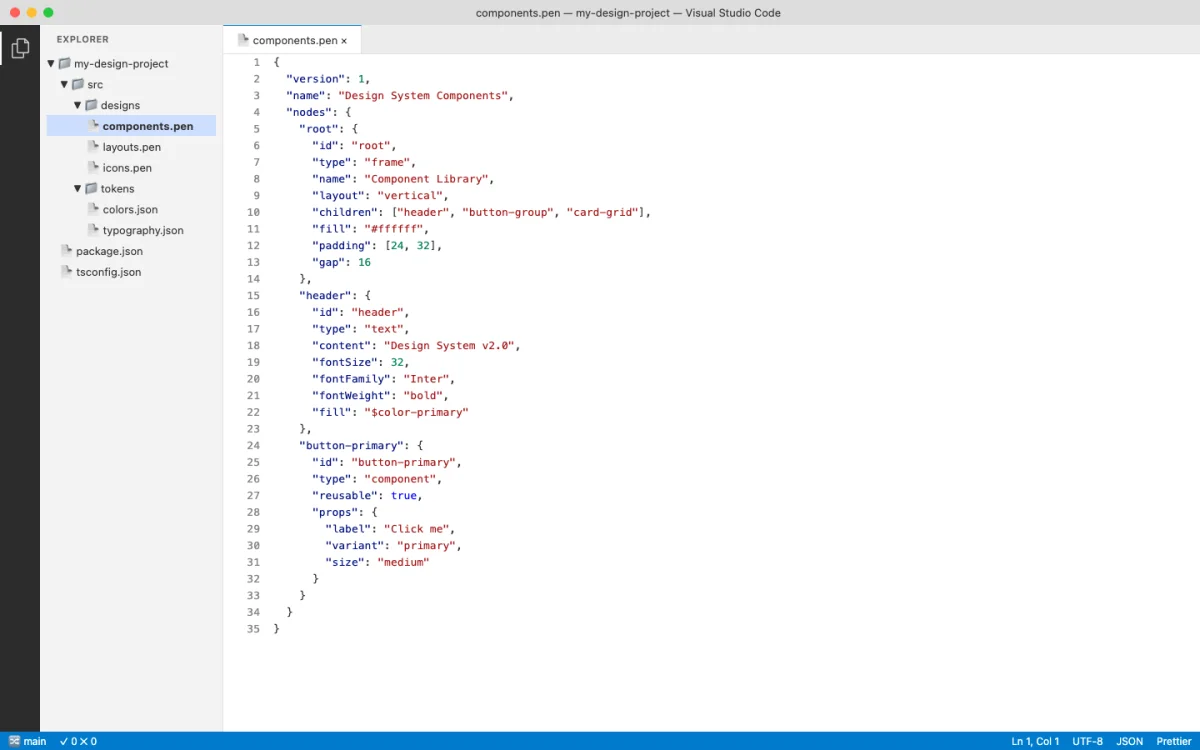 VS Code editor displaying a .pen file with structured JSON content including node definitions, layout properties, and design token references
