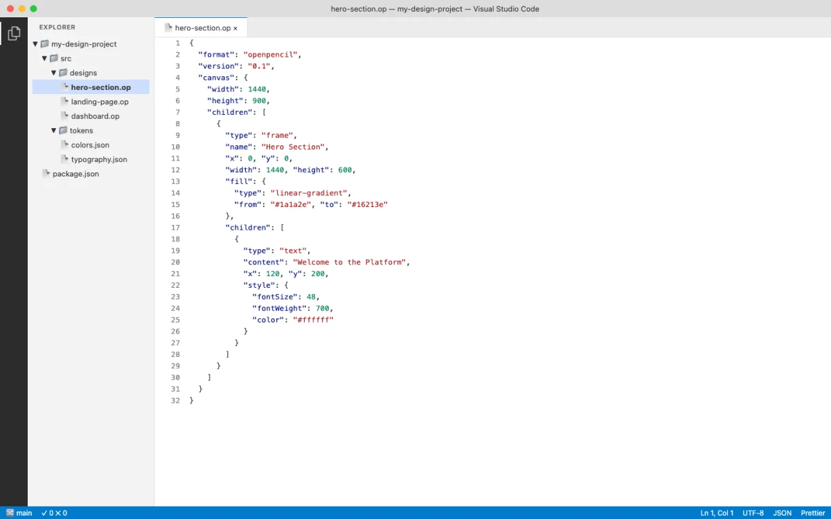 VS Code editor showing an OpenPencil .op file with JSON structure containing design nodes, styles, and component definitions in a readable format