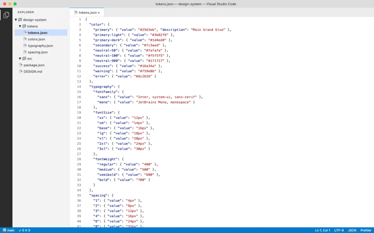 VS Code editor showing a design tokens JSON file with color palette entries, typography definitions including font families and size scales, and spacing values as structured code variables