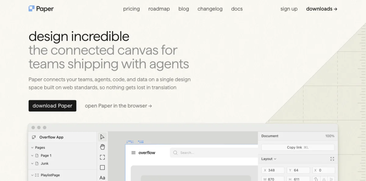 Paper design editor showing an HTML CSS canvas with design elements, a layers panel on the left, and toolbar options demonstrating the connected canvas workflow