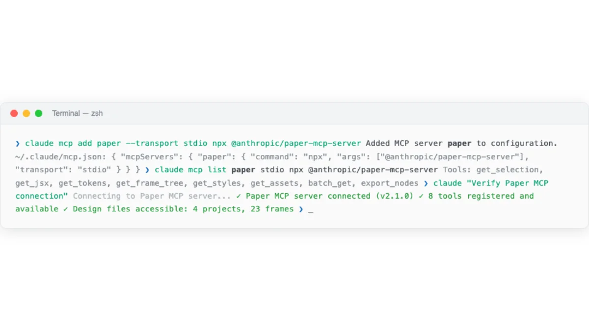 Terminal output showing the Paper MCP server configuration commands for Claude Code and OpenCode with successful connection verification at port 29979