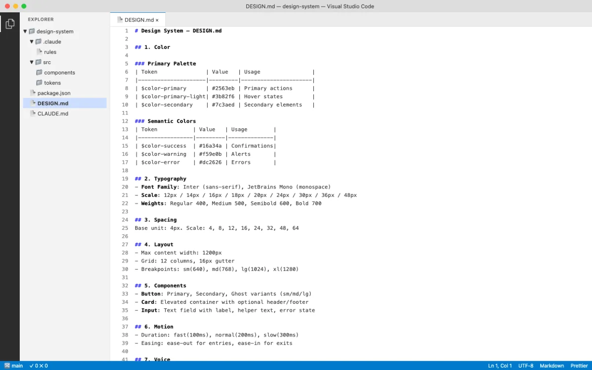 VS Code editor showing a DESIGN.md file with structured sections for color palette, typography, spacing scale, layout breakpoints, component definitions, motion tokens, voice guidelines, brand rules, and anti-patterns