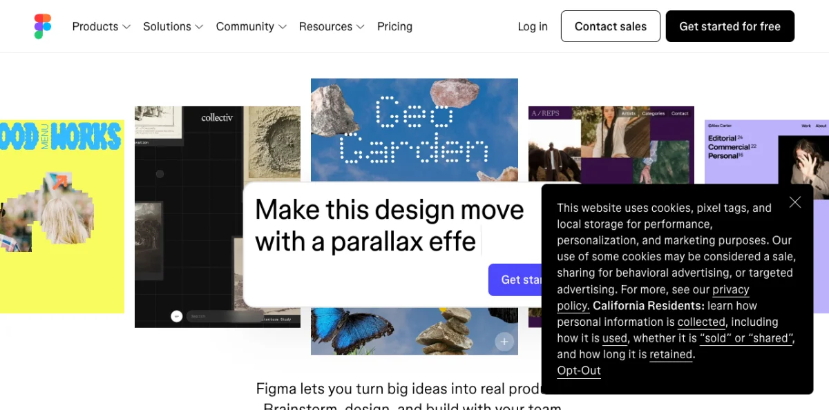Figma design editor showing a product design file with the canvas, layers panel, and an agent terminal reading design node data through the Figma MCP server including component names and properties