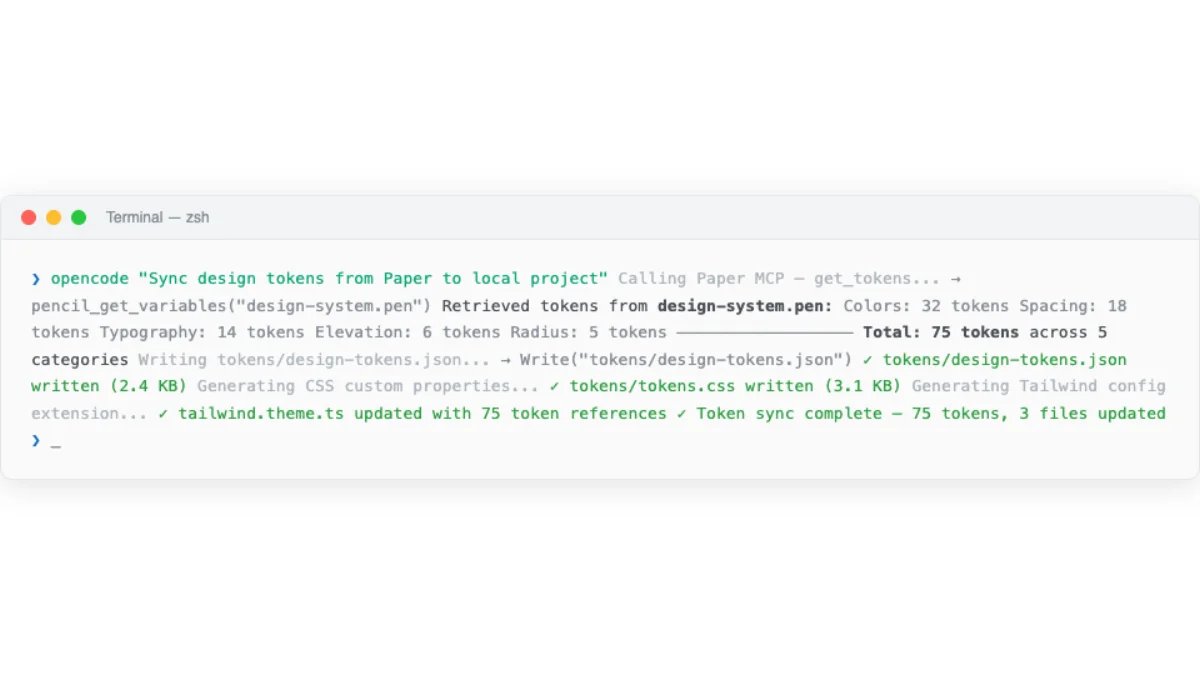 Terminal output showing Paper MCP server token synchronization reading 47 design tokens from the Paper canvas and writing them to a local tokens.json file with confirmation of each token category