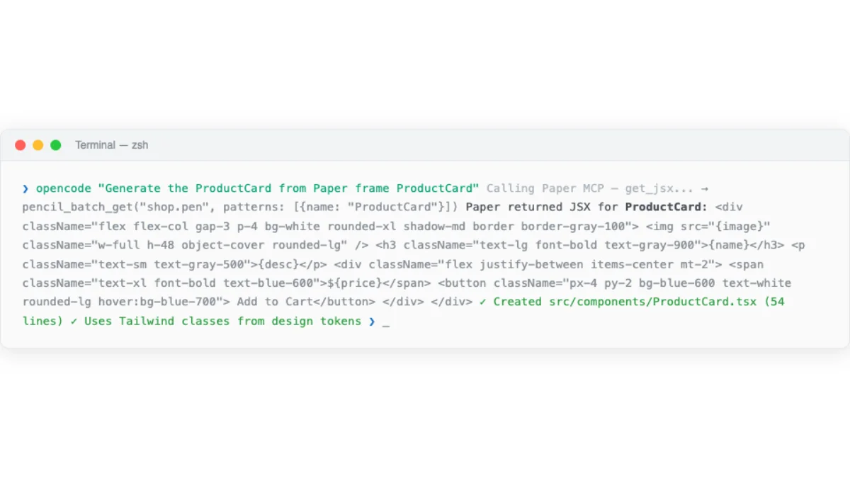 Terminal session showing an AI agent calling the Paper MCP get_jsx tool for a hero section, receiving JSX output with Tailwind CSS classes, and creating a React component file with the generated code