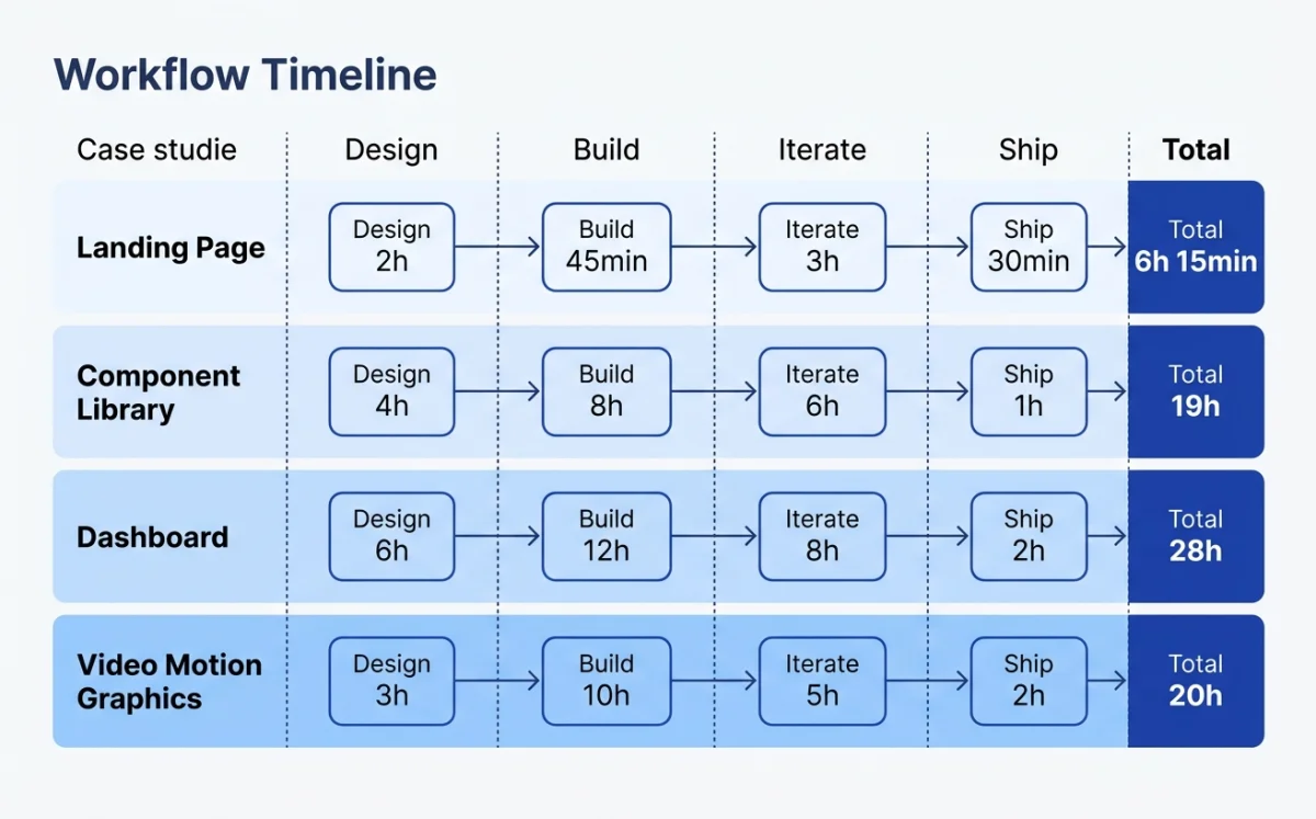 Gantt-style timeline showing four case study workflows as parallel tracks with design, build, iterate, and ship phases: marketing site in 4 hours, pitch deck in 2 hours, launch video in 3 hours, and component library over 8 hours across three days